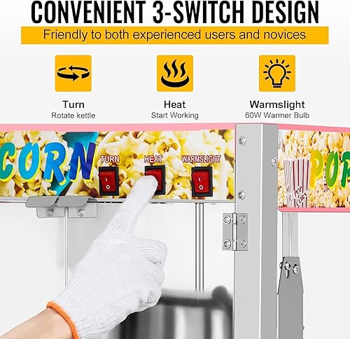 Miniatura 4 de Commercial Popcorn Machine, 8 Oz Kettle, 850 W Countertop Popcorn Maker for 48 Cups per Batch, Theater Style Popper with 3-Switch Control Steel
