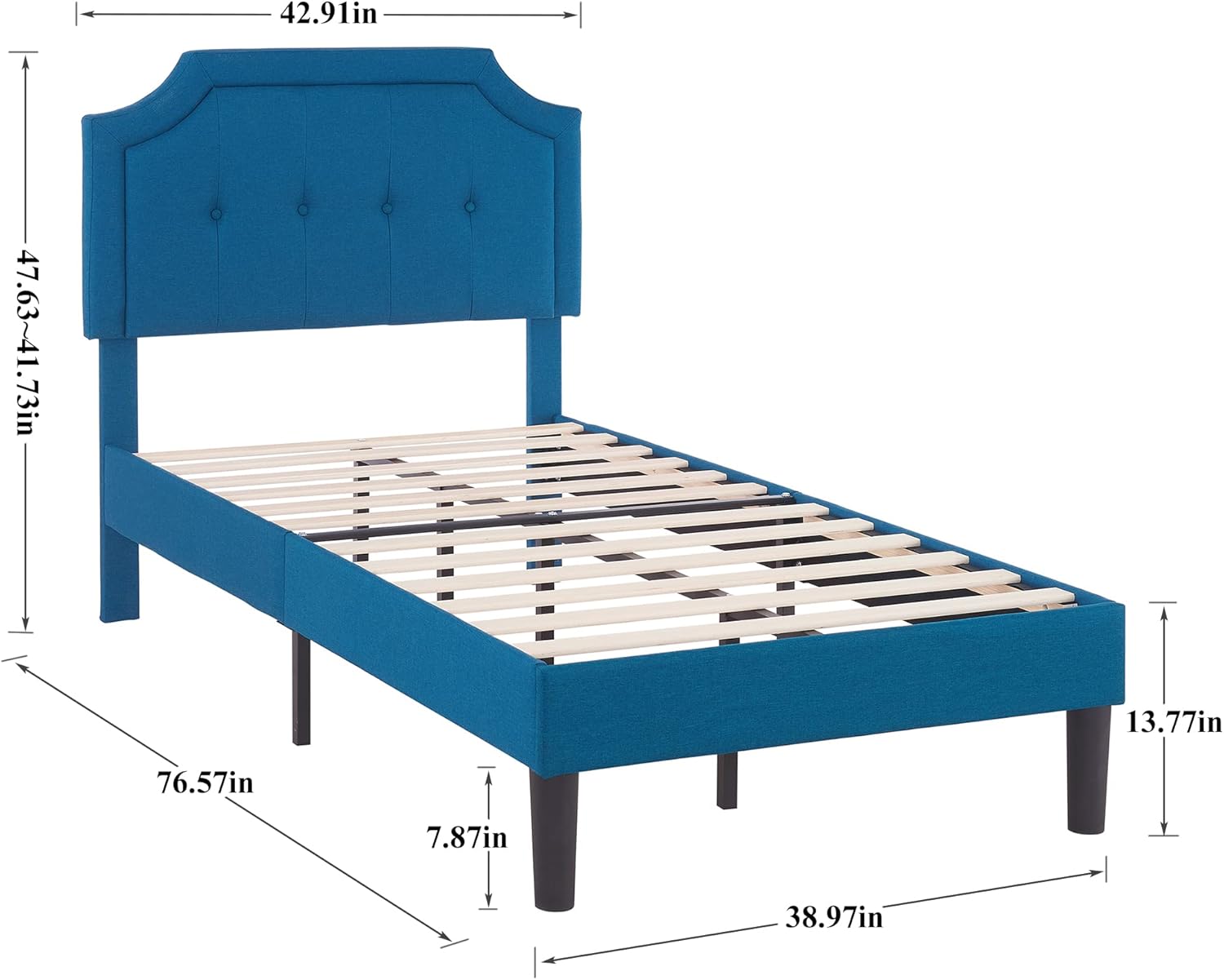 Diagram showing the dimensions of the VECELO Upholstered Platform Bed Frame.