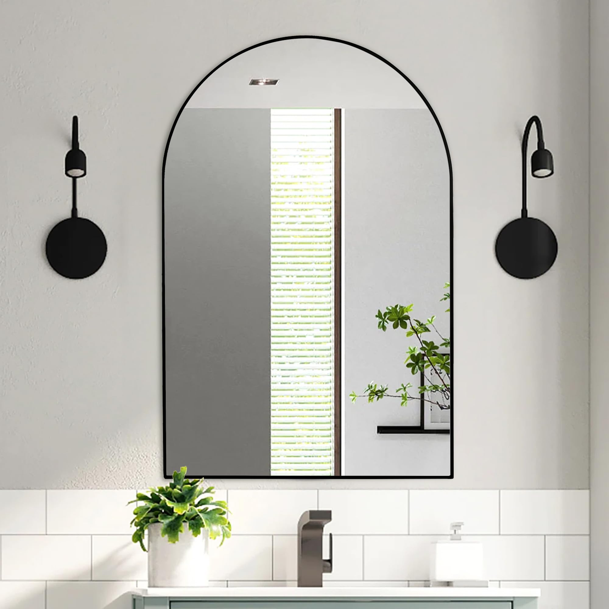 Specchio Da Parete Ad Arco 61x91,4 Cm: Con Cornice Effetto Legno, Vetro Temperato, Per Bagno, Camera Da Letto, Soggiorno, Ingresso