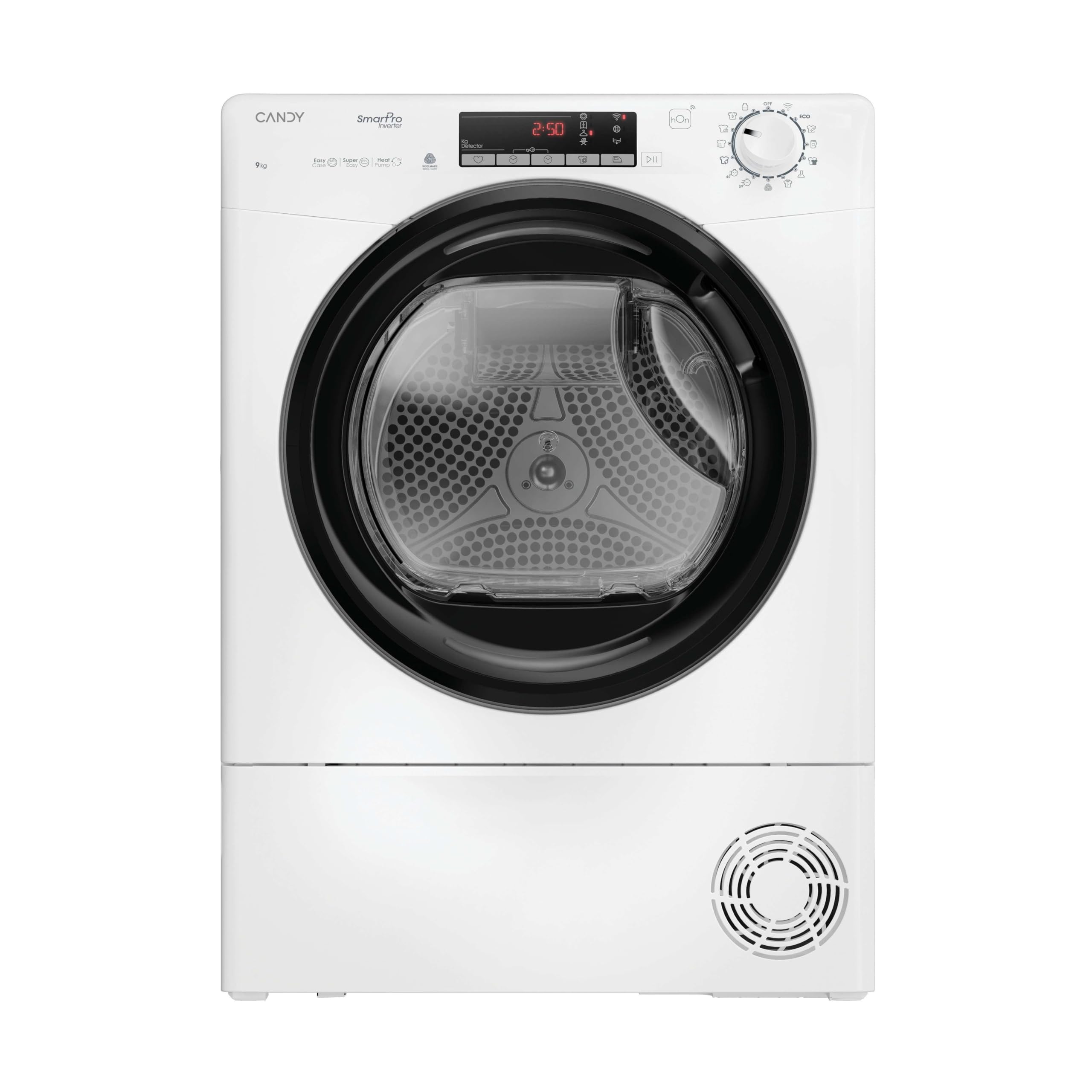 Candy Smart Pro Inverter CRO EH9N4TBE-S, Dryer 9 kg, Heat Pump, Smart Touch Panel, WiFi, App hOn, 14 Cycles, 3 Fast, Certified Dry Wool, Snap & Dry, Delay Start 24H, 63DB, White Energy Label