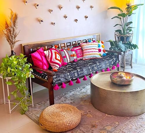 WWW.THROWPILLOW.IN Black Tribal Tassel Sofa Cover Sofa Cover: Heavy Weight Performance Fabric, Antislip, Anti Wrinkle: Seat & Front Back Protection- Fits 2 Seater Sofa, Size: 120 x 170 CMS -1 Piece