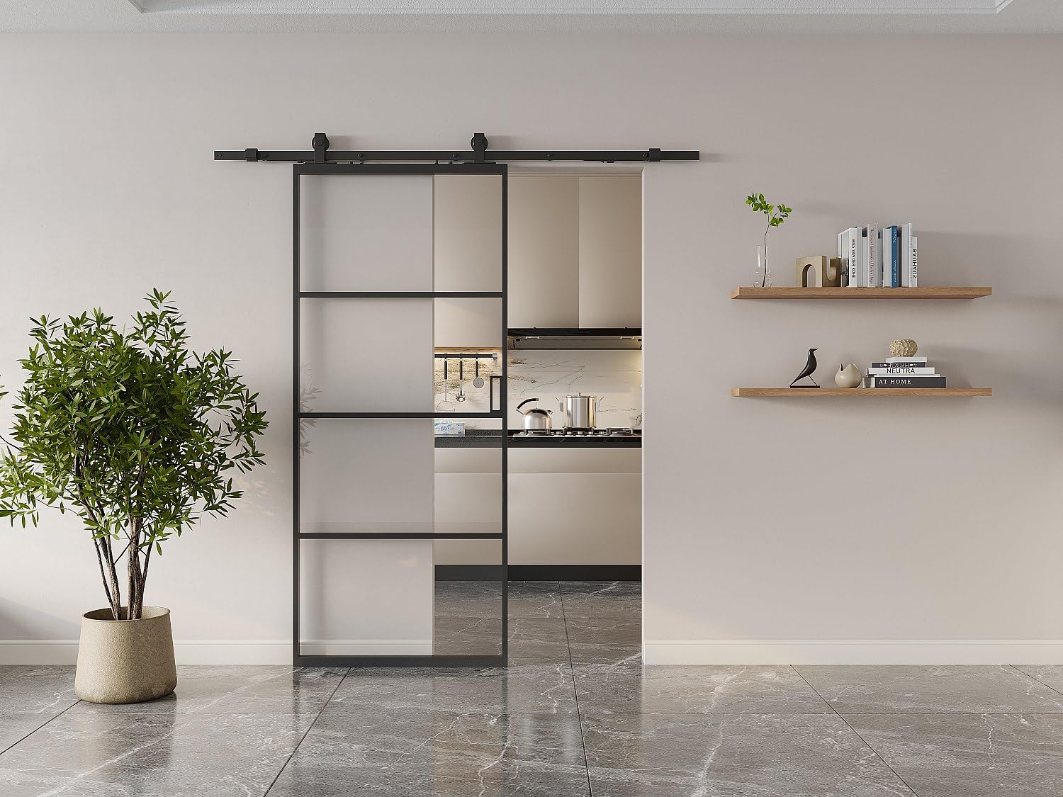 Vente-unique - Porte coulissante avec systéme en applique - aluminium et verre trempé transparent - H205 x L83 cm - SINCA II