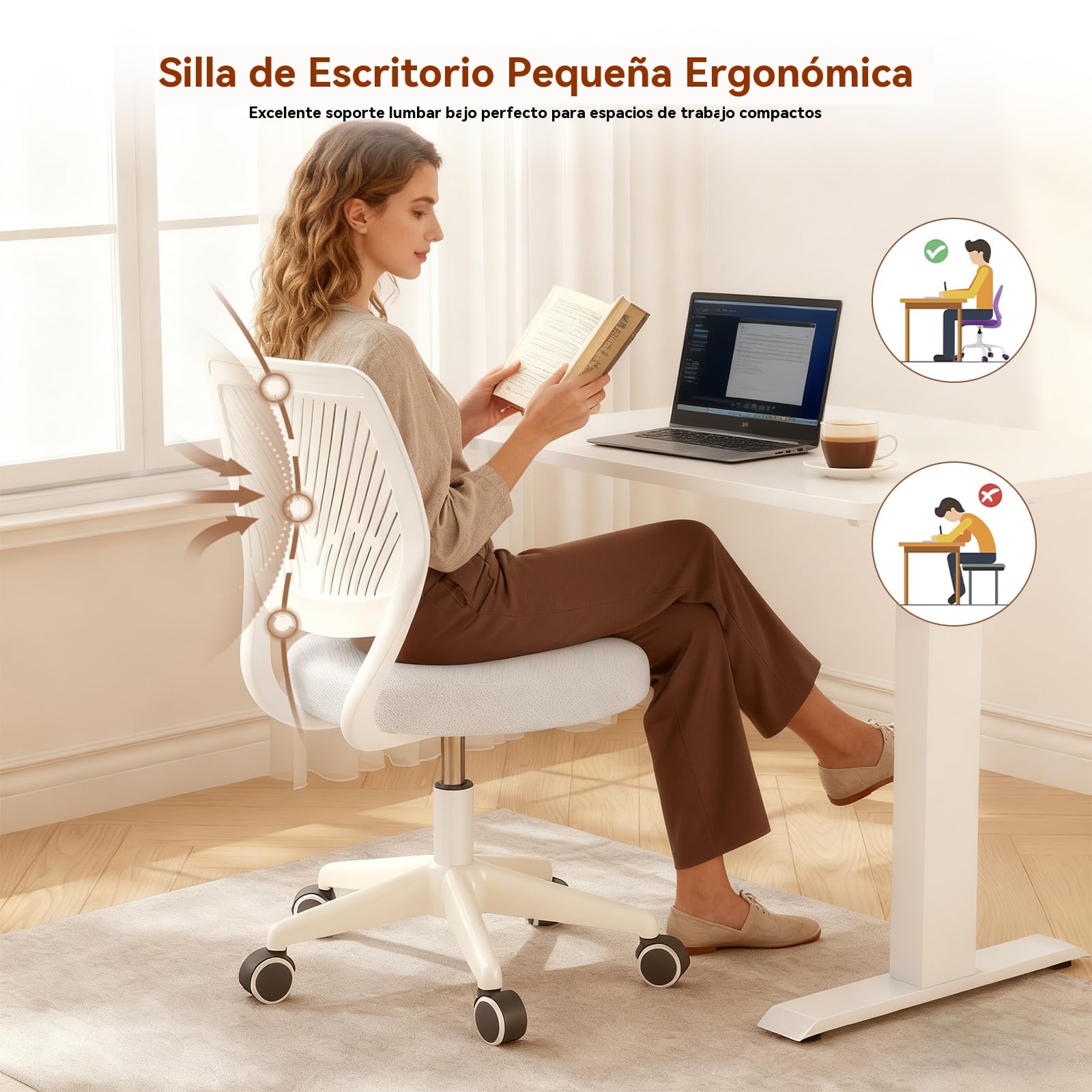 Silla Giratoria Ajustable para Escritorio, Silla de Oficina Sin Brazos, Taburete Redondo con Ruedas y Respaldo para Hogar y Oficina