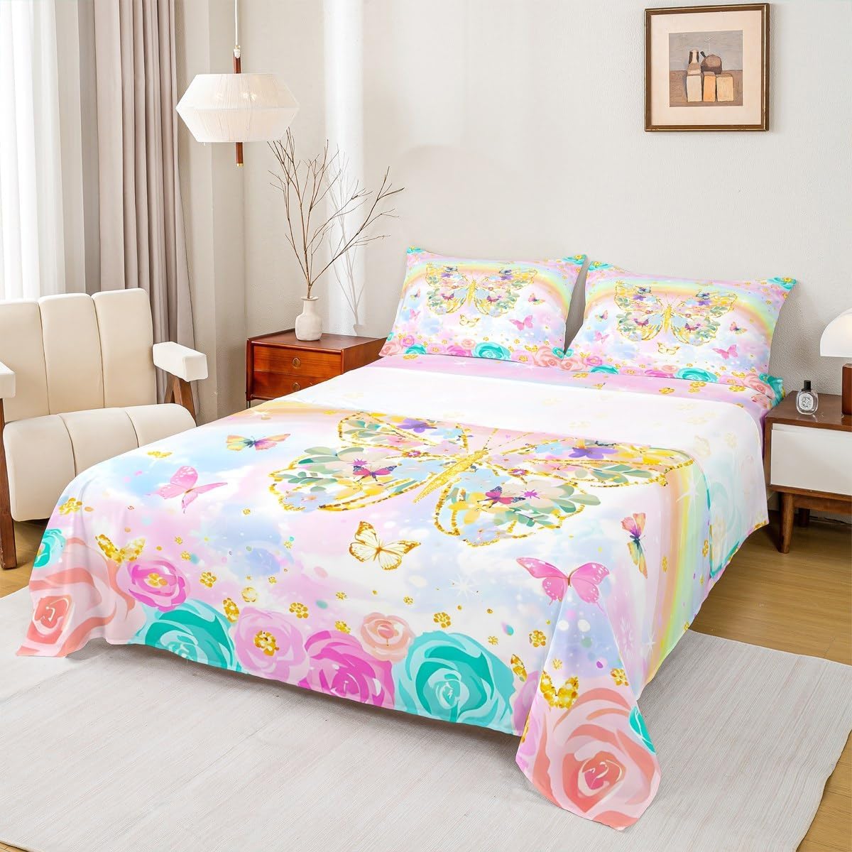 Colorful Rose Bed Sheet Queen Set Butterflies Sheets Sets Adults Bedroom Decor Rainbow Glitter Microfiber Bedding Set with Flat,Fitted Sheet,2 Pillow Cases
