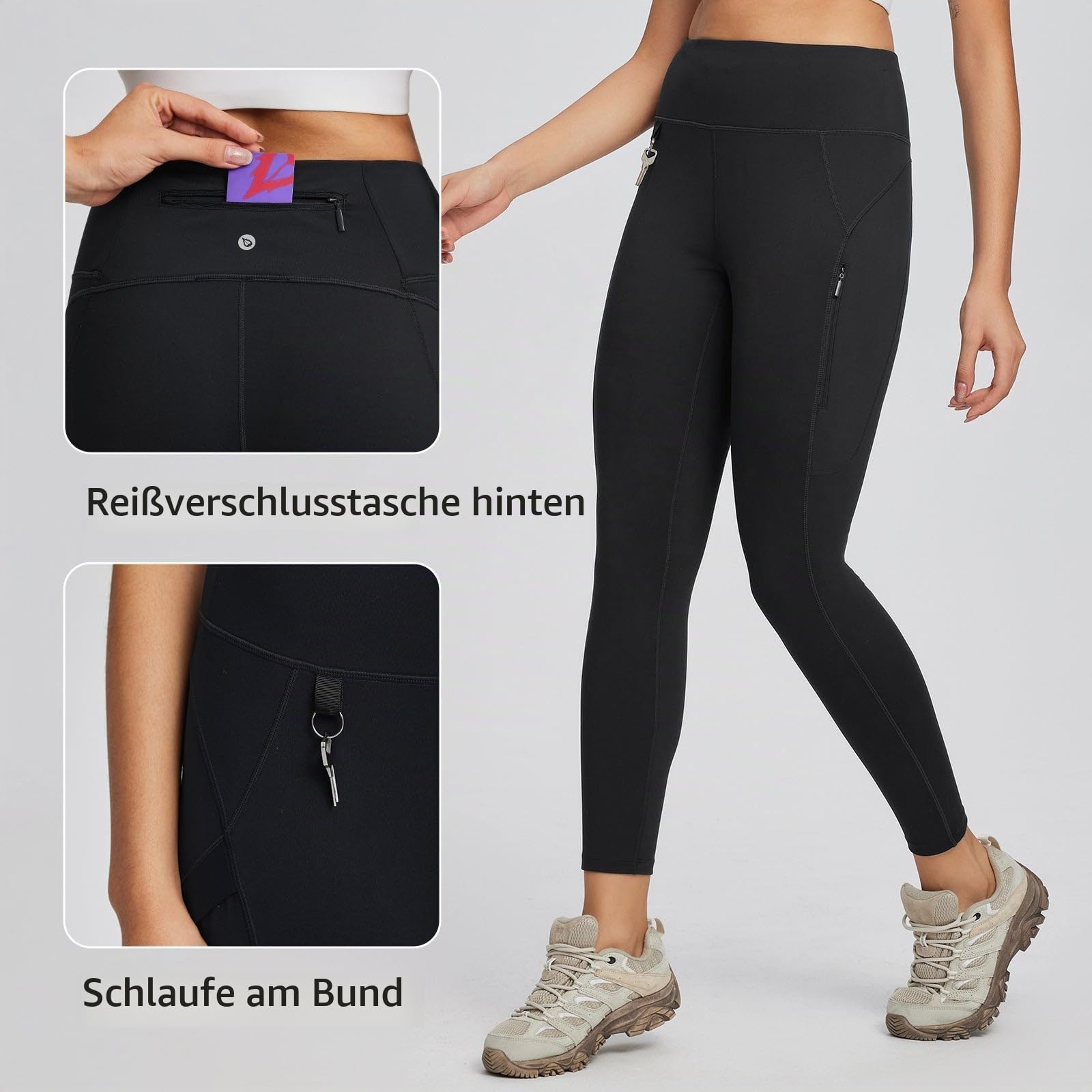 baleaf Damen Wanderleggings mit 3 Taschen Wanderhose Trekkinghose Sport Leggings High Waist Schnelltrocknend UPF 50+