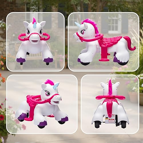 Miniatura 8 de Qaba Caballo de unicornio de 12 V, juguete eléctrico interactivo para niños con zanahoria, peine, sonidos de animales, luz, regalo para niñas y