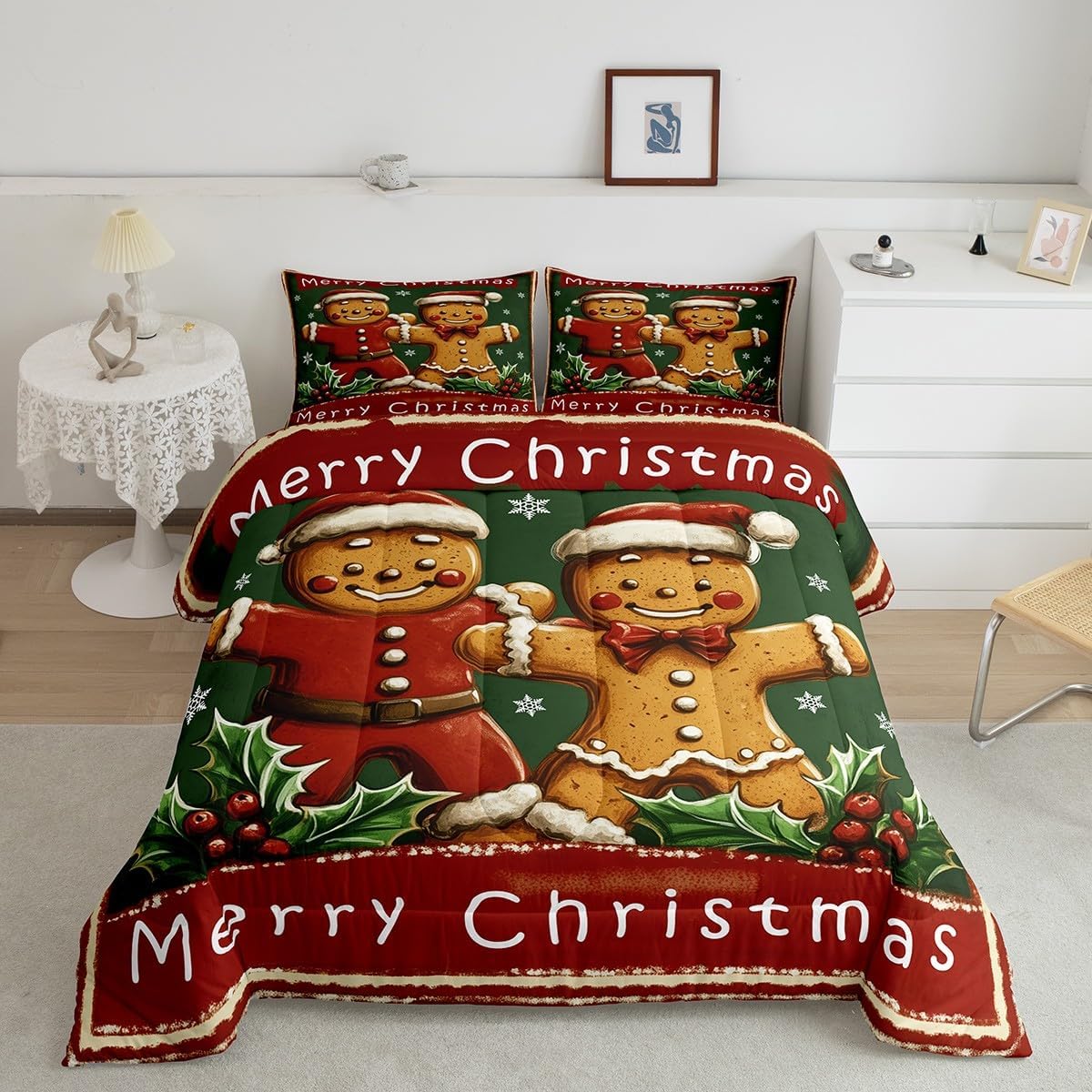Feelyou Christmas Bedding Set Queen Size Gingerbread Man Comforter Set for Kids Boys Girls Chriatmas Tree and Gifts Comforter Merry Christmas Duvet Set Dark Red