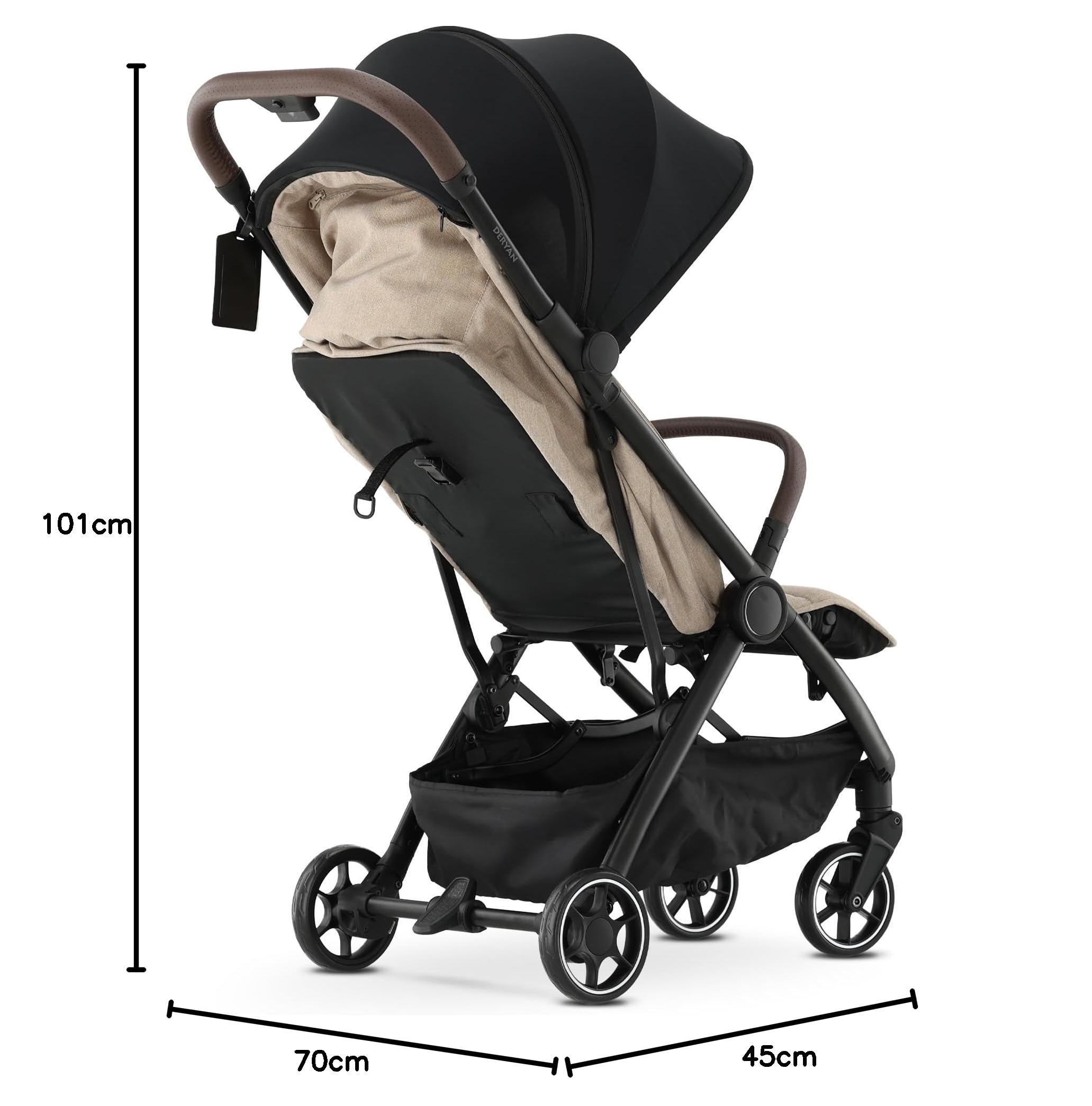 Deryan Air Reisebuggy Kinderwagen fürs Flugzeug-Handgepäck - Ultraleichter kompakter Buggy bis 22 kg (0-4 Jahre), faltbarer Kinderbuggy mit Transporttasche, UPF 50+ Sonnendach, Liegefunktion, Nougat