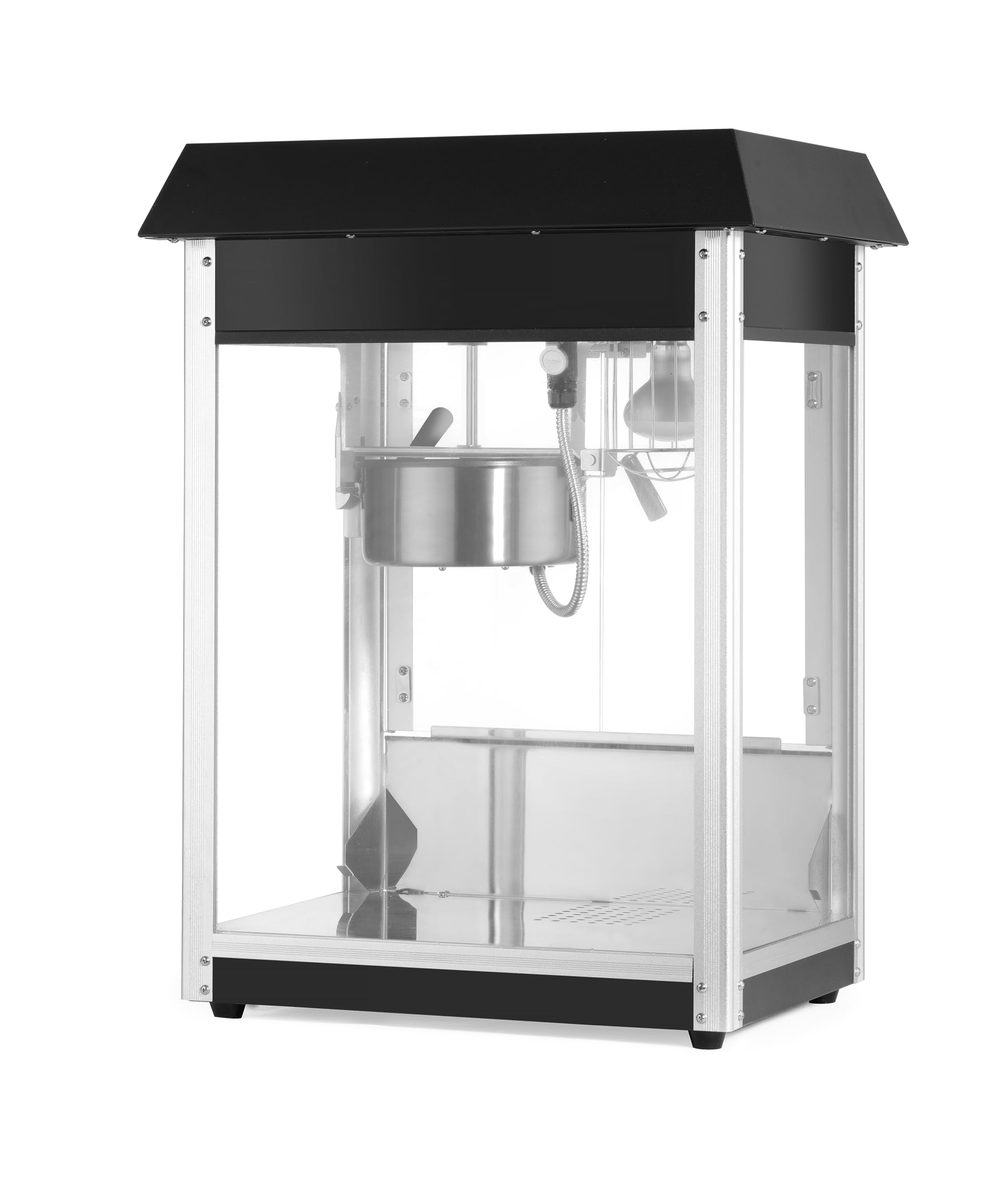 HENDI Popcornmaschine, mit Schaufel, Heizpfanne mit Rührwerk, beleuchteter Innenraum, Popcorn Maker, Warmhaltevitrine, 230V/1155W, 560x420x(H)760mm, Edelstahl, Aluminium, Glas, schwarz