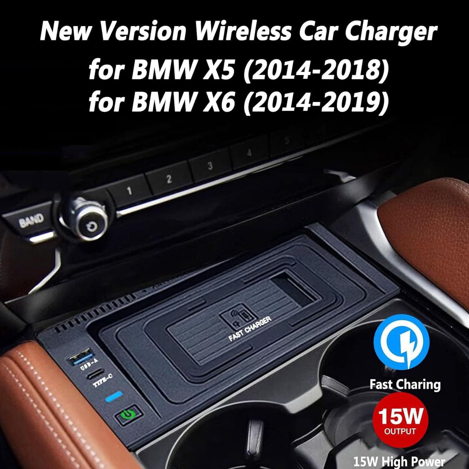 Cargador Coche Inalámbrico para BMW X5(2008-2018)/X6(2008-2019) F15/E70/F16/E71Accesorios Consola Central Carga Rápida Qi 15W, Con Puerto USB, Para Cualquier Teléfono Habilitado Para Q(Size:2008-2014)