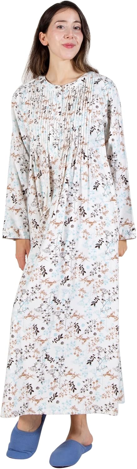 LA CERA Women's Printed Flannel Nightgown - 100% Cotton, Long Sleeve, Pleated Front, Side Pockets, Machine Washable