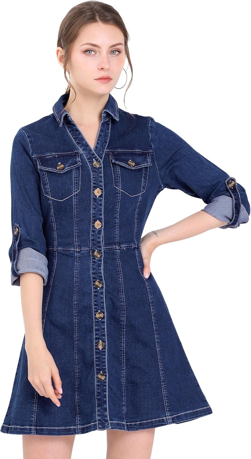 Allegra K Women’s Denim Dress Button Down Collar V Neck Long Sleeve A-line Cotton Jean Dress