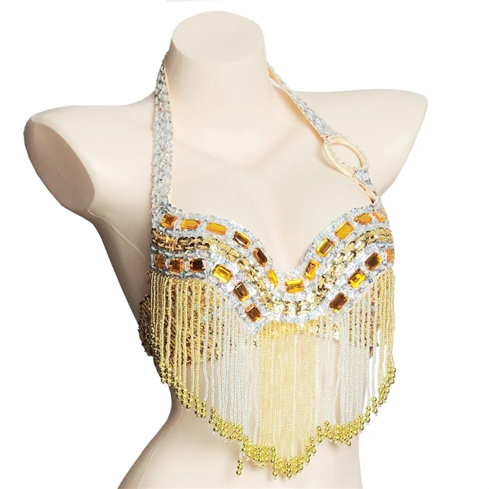 LIUHLFSR Belly Dancing Bra Top Women Tassel Halter Bellydance Dance Costume Clothes Tops for Dancing Carnival Party(Glod,L)
