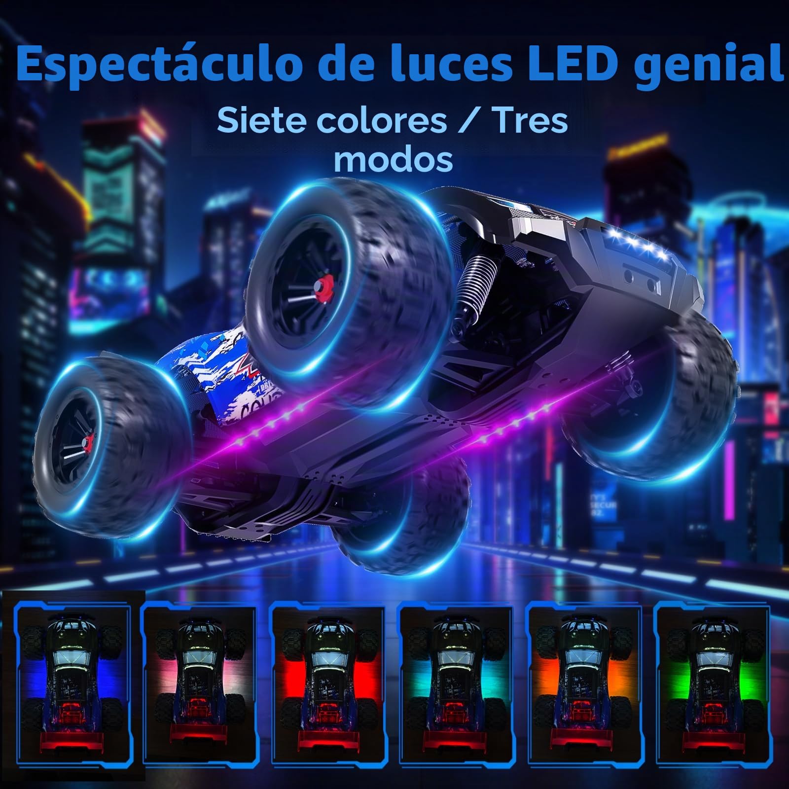 Coche teledirigido de 40 km/h, 1/14 RC coche con 7 luces de colores, 2,4 GHz, camión monstruo teledirigido con 2 baterías de 2000 mAh, 4 WD, camión monstruo teledirigido RTR All Terrain, RC Truck para