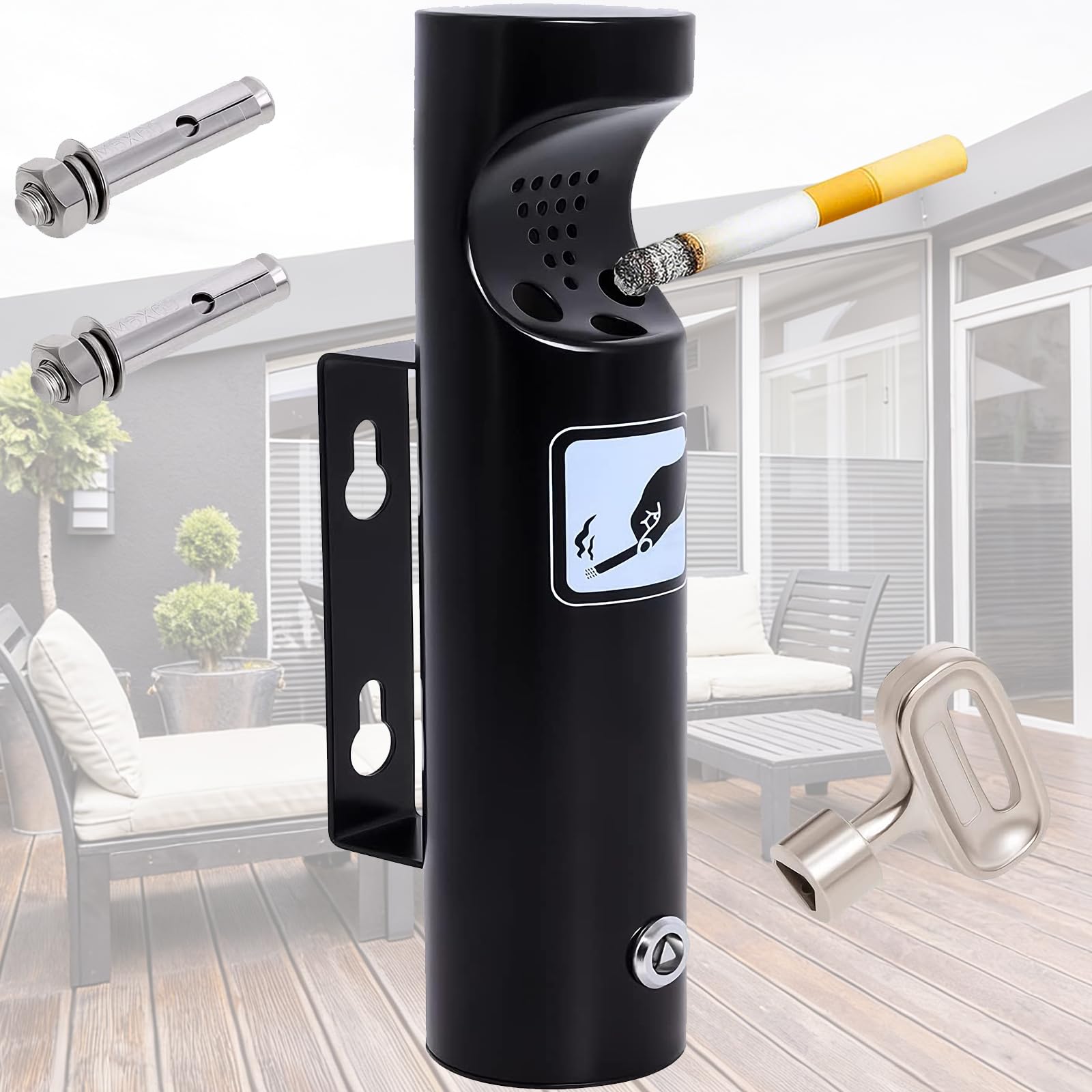 Cenicero Pared Exterior en Acero Inoxidable para Restaurantes Oficinas y Hoteles con Cerradura Poweka, 28.5cm x 9cm (Negro)