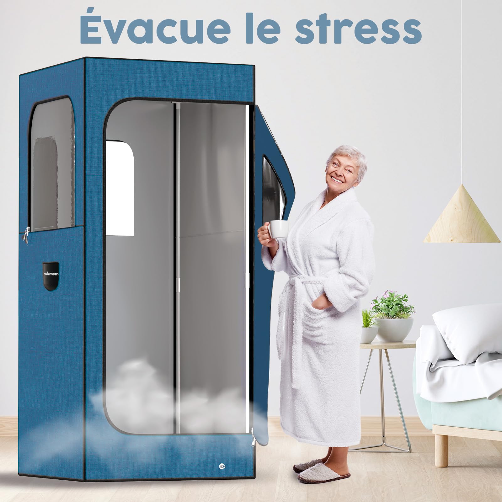 Adamson Sauna Portable - Tente pour Spa + Sauna Vapeur 2.6L 1000W + Chaise + Télécommande + Masseur pour les Pieds & Tapis antidérapant - Nylon Bleu