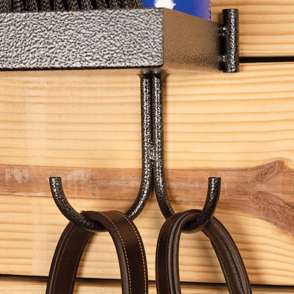 Schneiders Easy-Up Pro 14" Grooming Shelf with Tack Hooks | Compact Storage for Tack Rooms & Trailers | Rust-Resistant | 4 Slanted Hooks | 15" x 8" x 8" | Color Black Armor