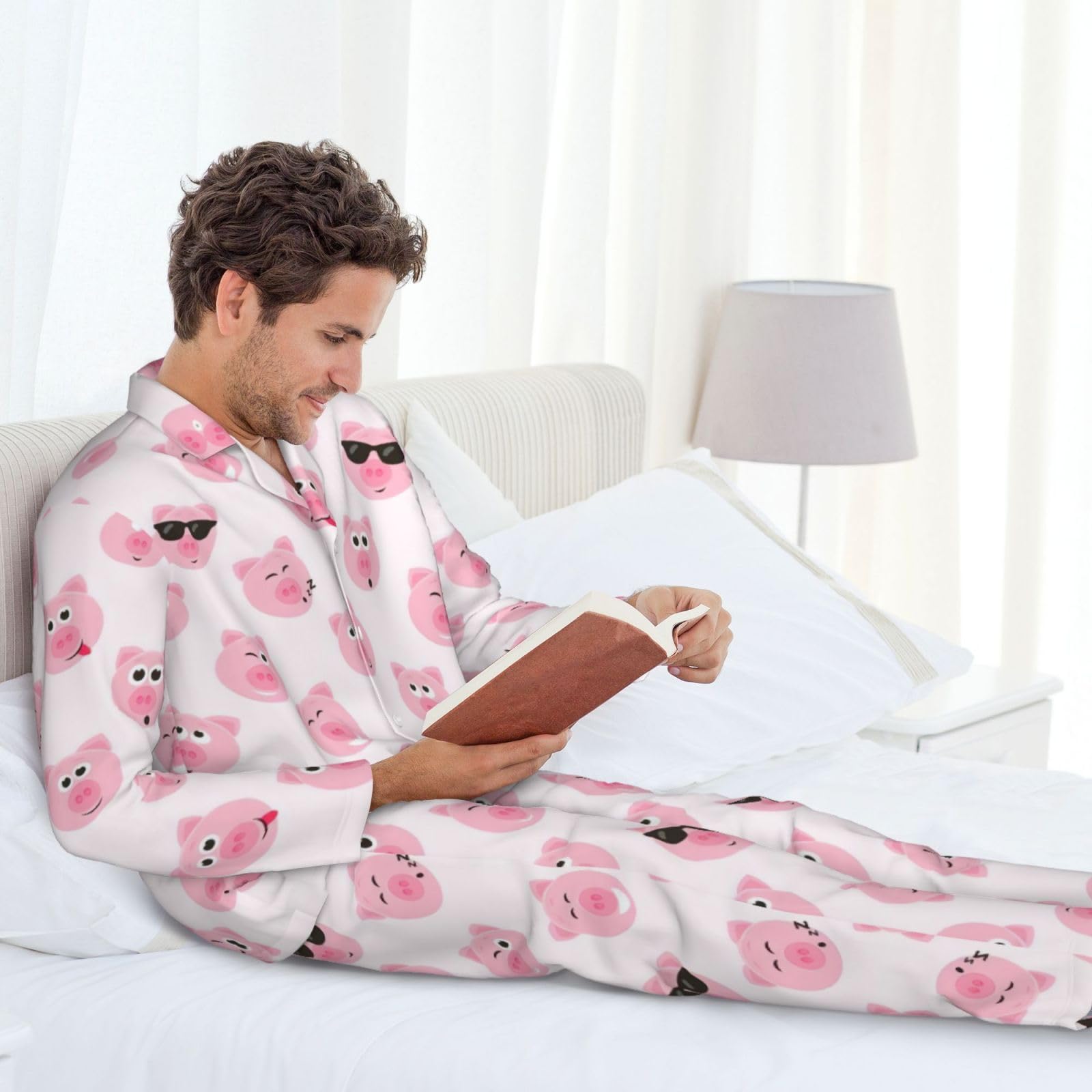 Conjunto de pijama divertido con estampado de cara de cerdo rosa para hombre, pijama suave de manga larga con botones y bolsillos