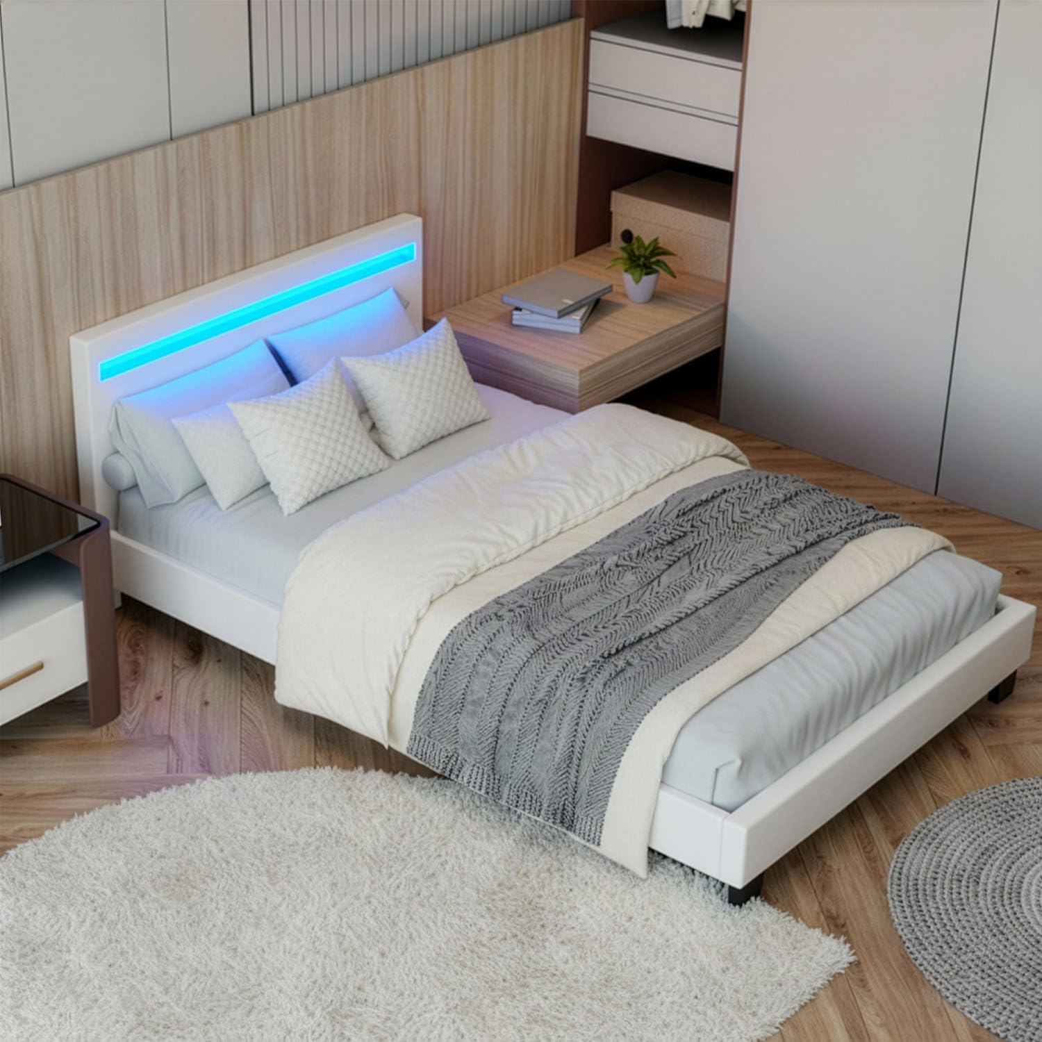 Juskys Polsterbett Verona 120x200 cm mit LED-Kopfteil, Holz-/Metallgestell, weiß