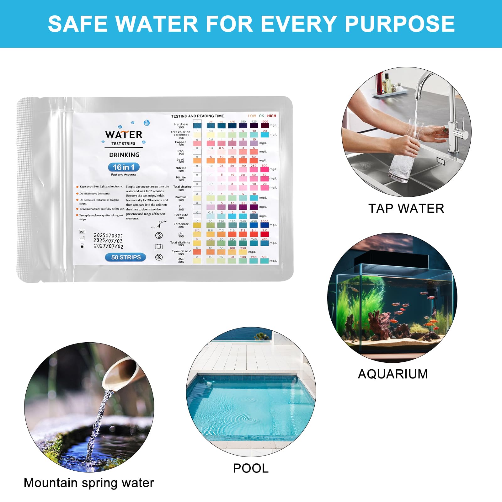 AQUANEXO 50 stuks 16-in-1 drinkwaterteststrips voor het meten van waterhardheid en waterhardheid, teststrips voor drinkwater (50