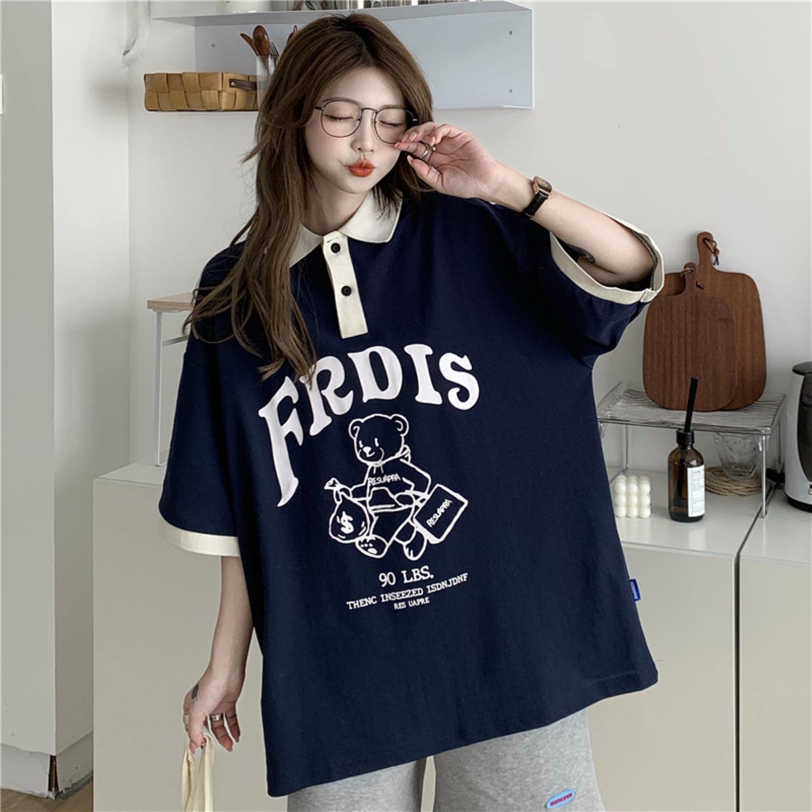 Camiseta para Mujeres Camisa de Gran tamaño de Manga Corta Lapa de Oso Informal-White,L