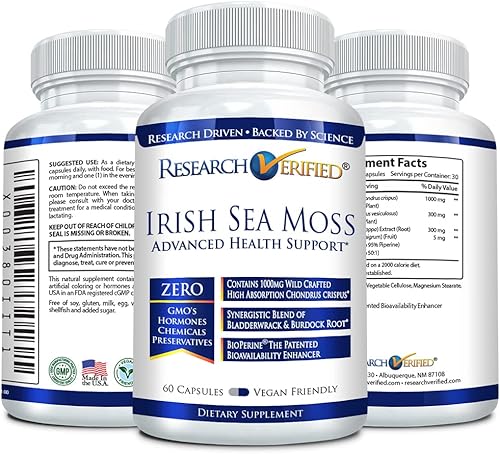 Miniatura 2 de Research Verified Musgo marino irlandés - Bladderwrack, bardana, bioperine, rico en prebióticos, aumenta la inmunidad, ayuda a la digestión,