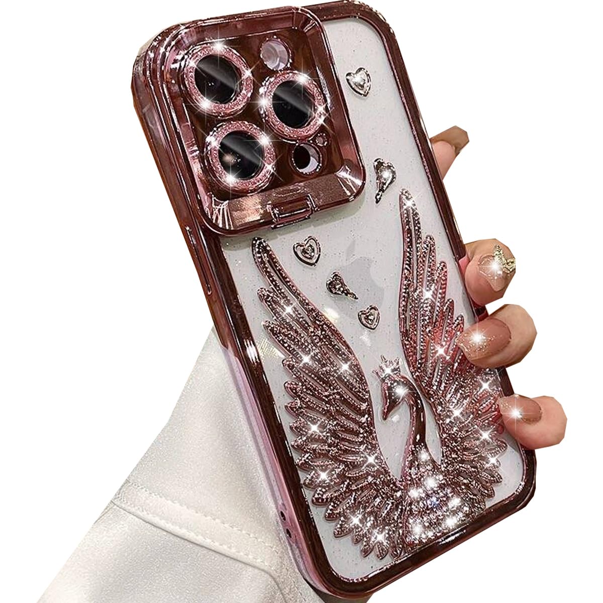 Changjia Glitter Kickstand Case for iPhone 16 Pro Max,Cute 3D Bling Sparkly Diamond Wings with Camera Protector & Stand TPU Bumper Clear Shockproof