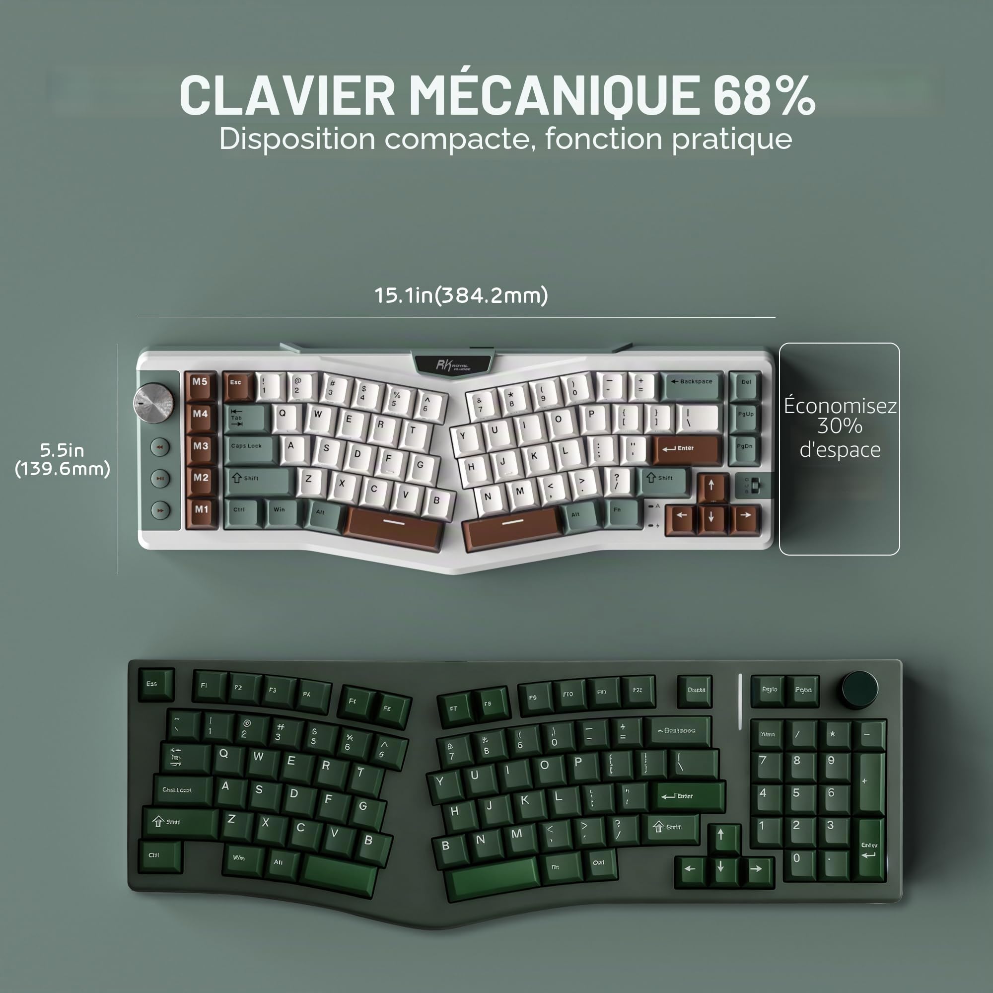 RK ROYAL KLUDGE A72 Clavier mécanique sans Ergonomique Alice, Split Ergo | Joint RGB Gaming Clavier bouton/touches macro/plaque signalétique tactile, BT/2,4G/USB-C, atténuation 5 couches, Win/Mac
