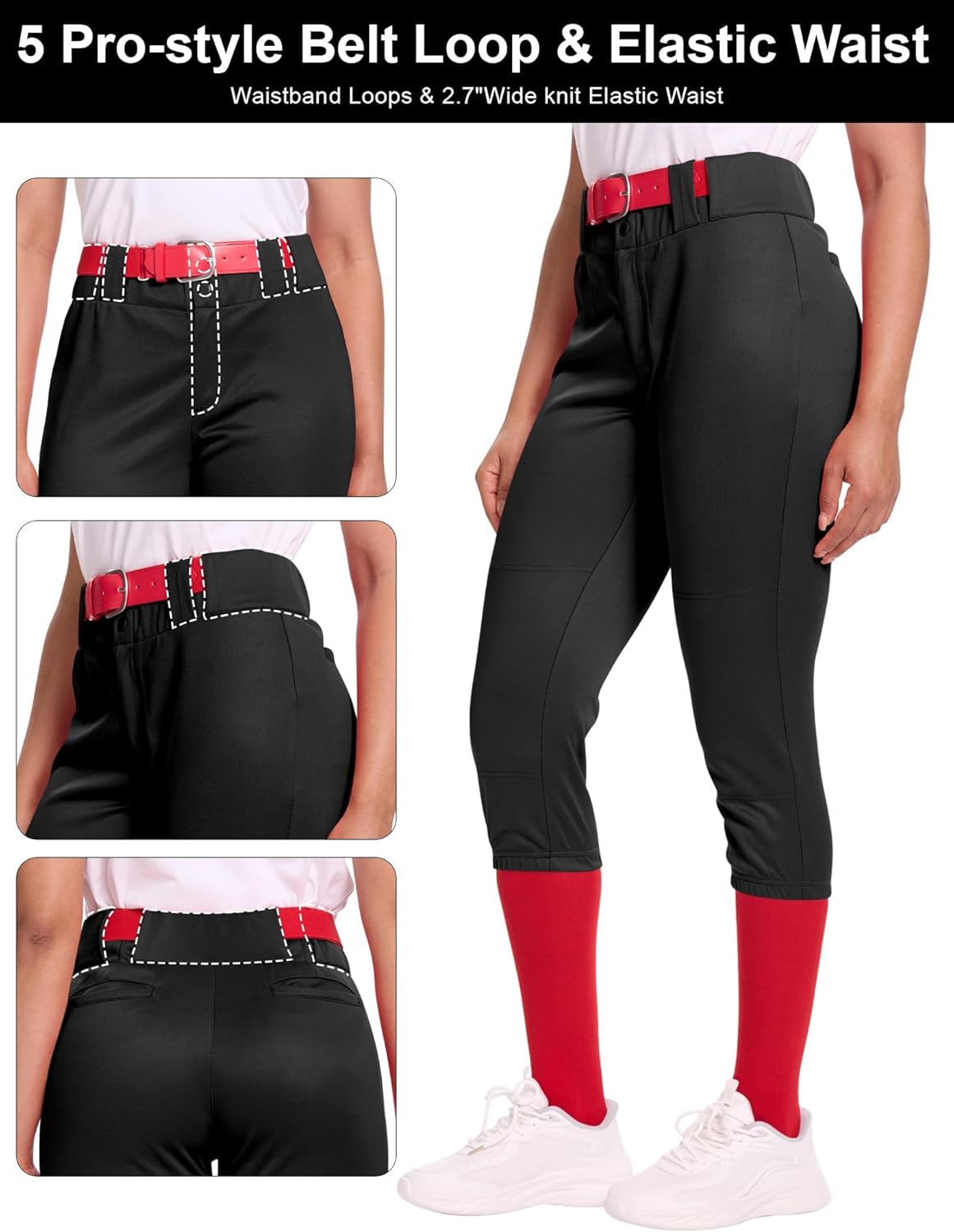 Dreammonkey Women's Softball Pants Low-Rise 3/4 Tapered Leg with Dual-Layer Knee Protection for Baseball Fastpitch