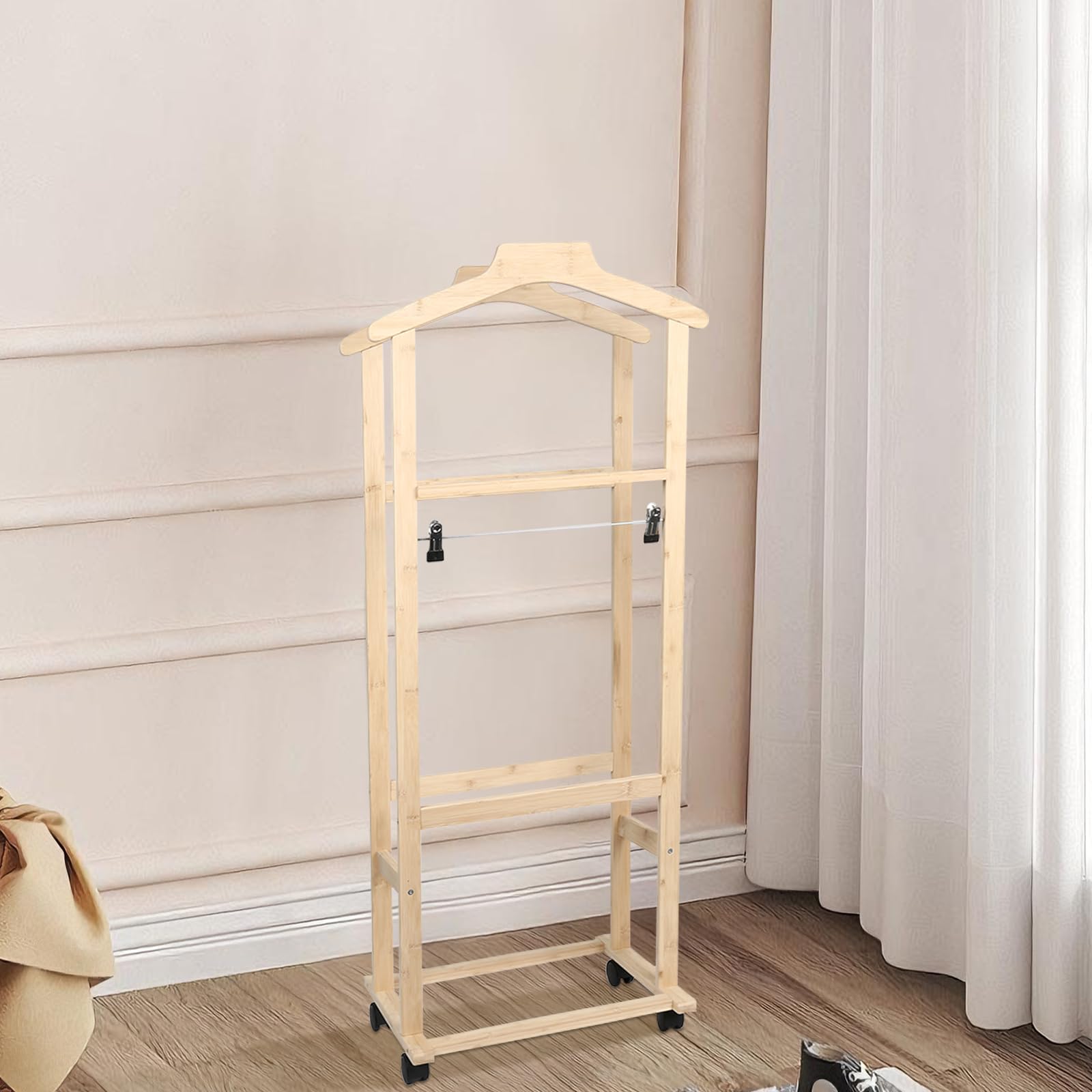OHMG Valet de chambre bois,Portant à vêtements à roulettes,porte-manteau double barre à roulettes,penderie vêtement,Range-vêtements Chambre,buanderie,107X47X37cm, naturel (107 * 47 * 37cm)