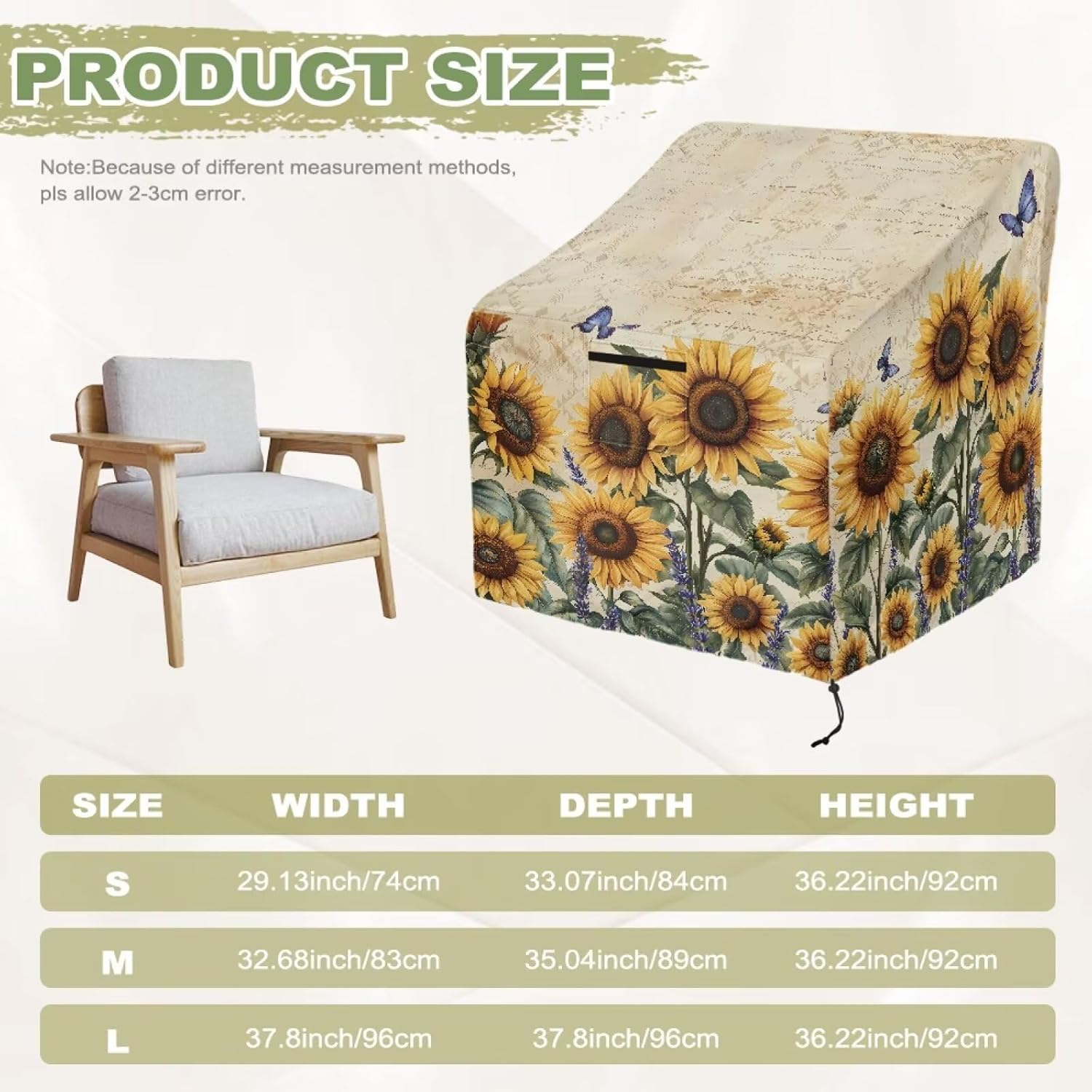 Sunflower Butterfly Print Single Patio Chair Cover Heavy Duty Outdoor Chair Cover with Handle Waterproof Patio Furniture Covers, 38"x38"x36"