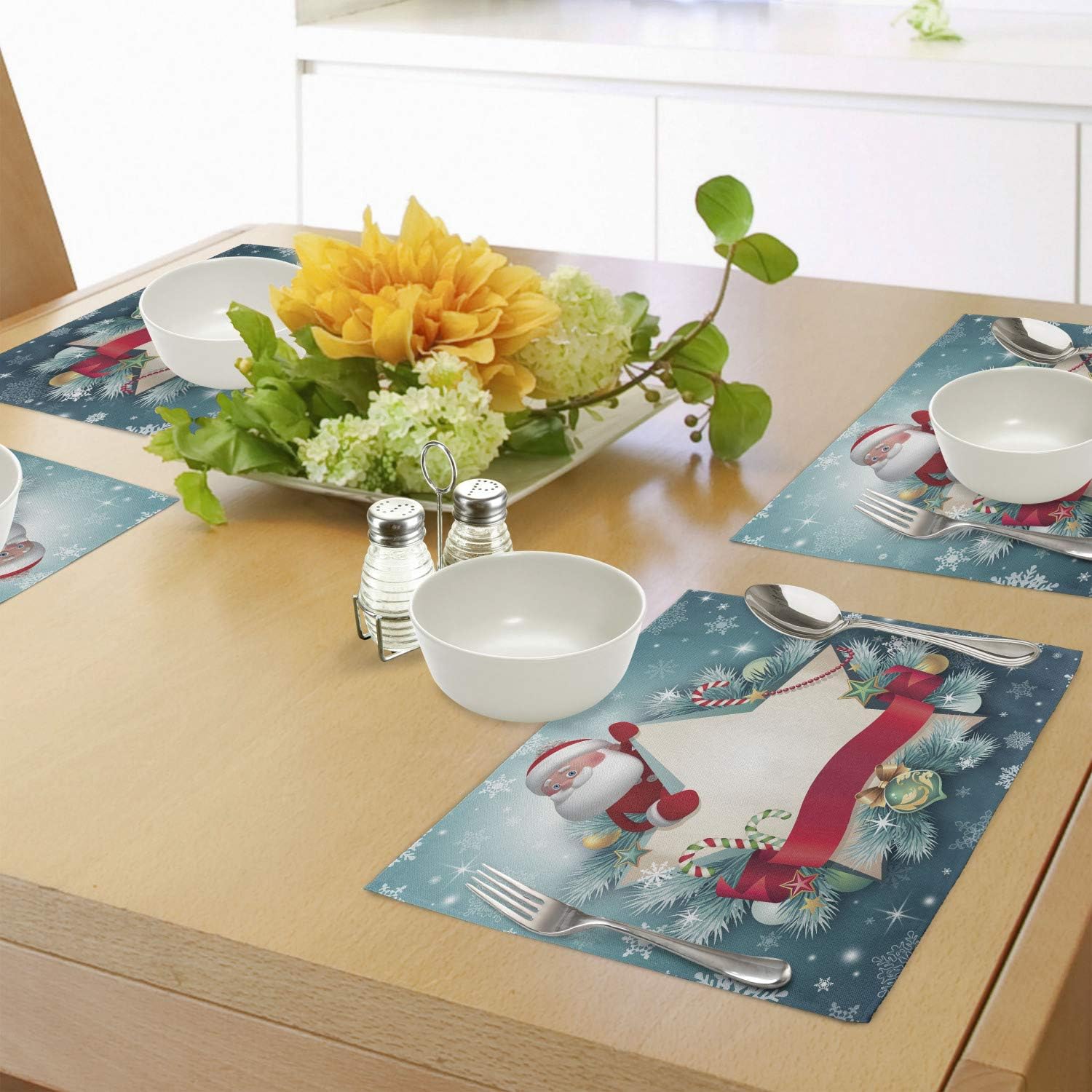 Ambesonne Christmas Place Mats Set of 4, Santa Claus Star Banner Snowflakes Ribbon and Candy Cane Tree Winter Season Theme, Washable Fabric Placemats for Dining Table, Standard Size, White Red