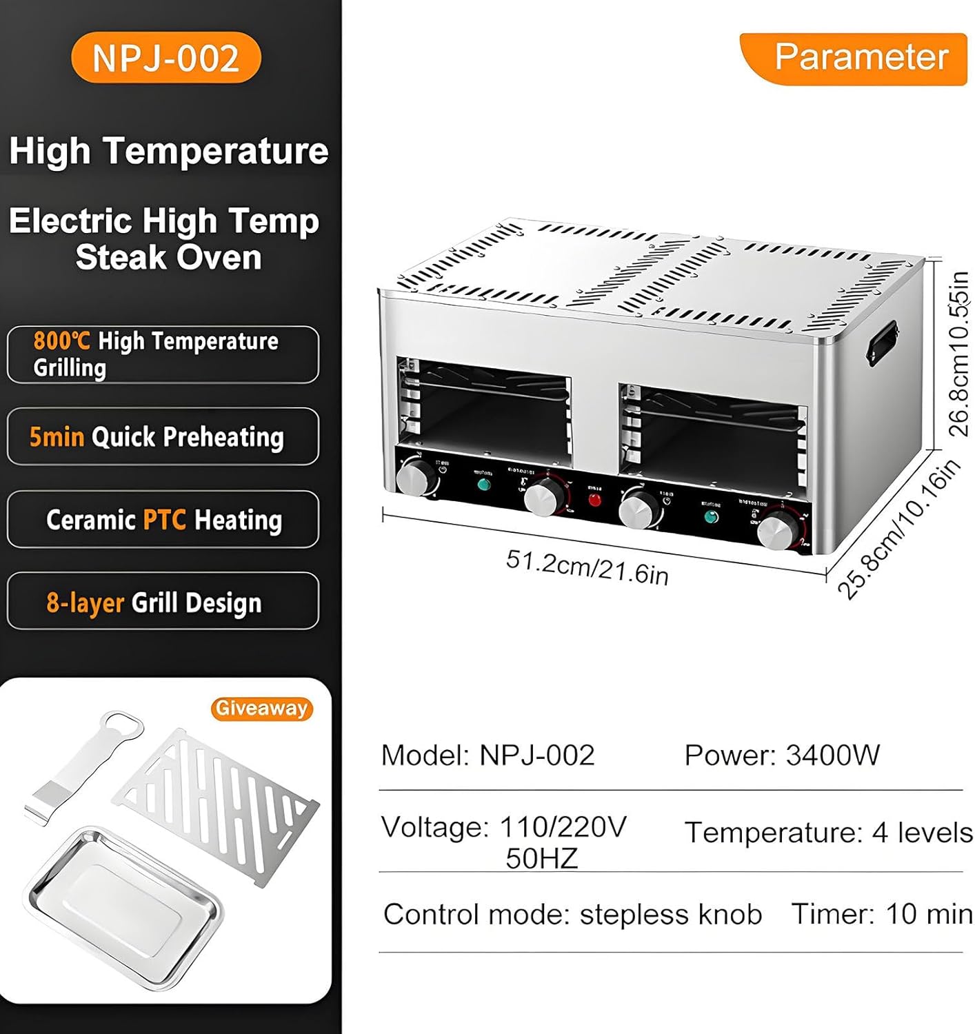Smokeless in-frared Electric Broiler for Indoor Use, Fits on Kitchen Counter, for Cooking Steak, Pork,Chicken, Vegetables