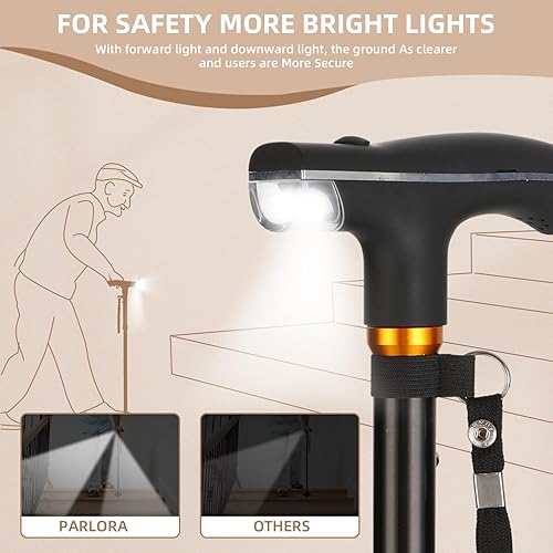Miniatura 2 de Bastón para caminar con luz LED, plegable, ajustable, plegable, bastón de pie independiente, base cuádruple giratoria, bastones plegables para