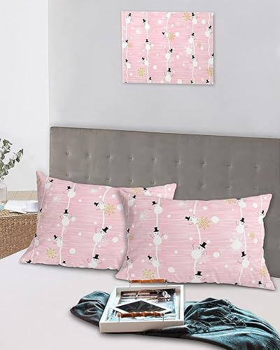 Miniatura 5 de Juego de 2 fundas de almohada de tamaño estándar con diseño de muñeco de nieve de Navidad, fundas de almohada de pintura de Navidad rosa con cierre