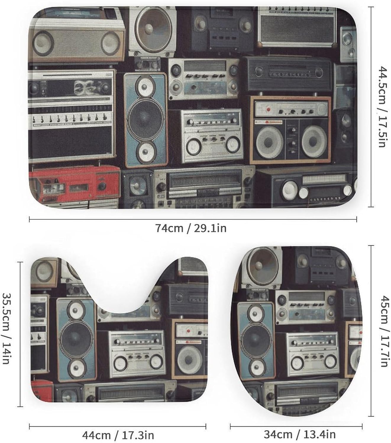 Vintage Radio Shower Curtain Set 4 Piece, Non-Slip Bath Mat with Toilet Lid Cover and Waterproof Shower Curtain with 12 Hooks, Complete Bathroom Set for Home Decor