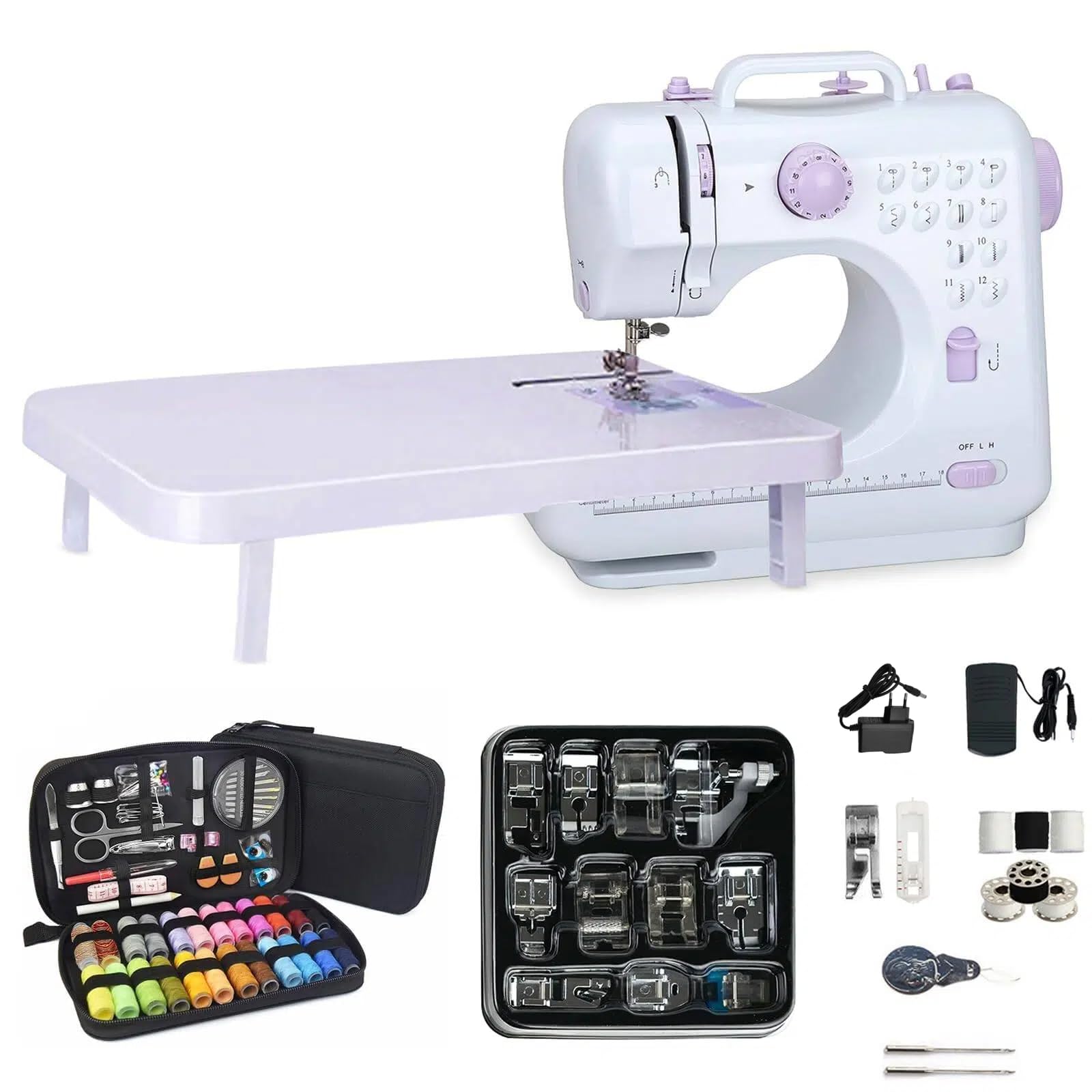 505A Elektrische Nähmaschine Mit 12 Stichmustern, Fußpedal, Nähzubehör-Set, Mini Haushalt Doppelfaden-Nähmaschine, Sewing Machine für Anfänger, für Stoffe DIY zu Hause und Outdoor