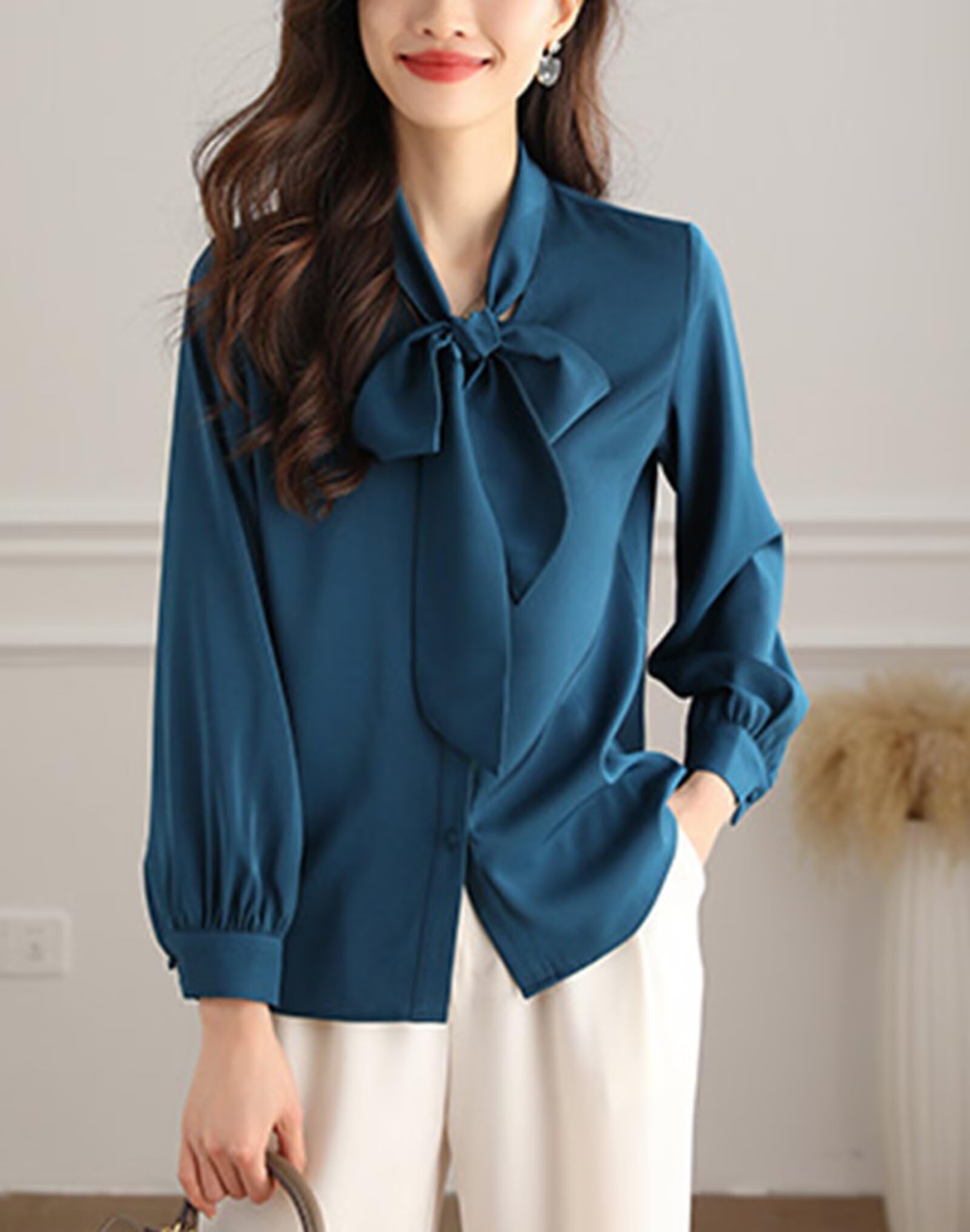 HNVAVQ Camicia Elegante in Seta 100% Donna Elegante Blusa Manica Lunga