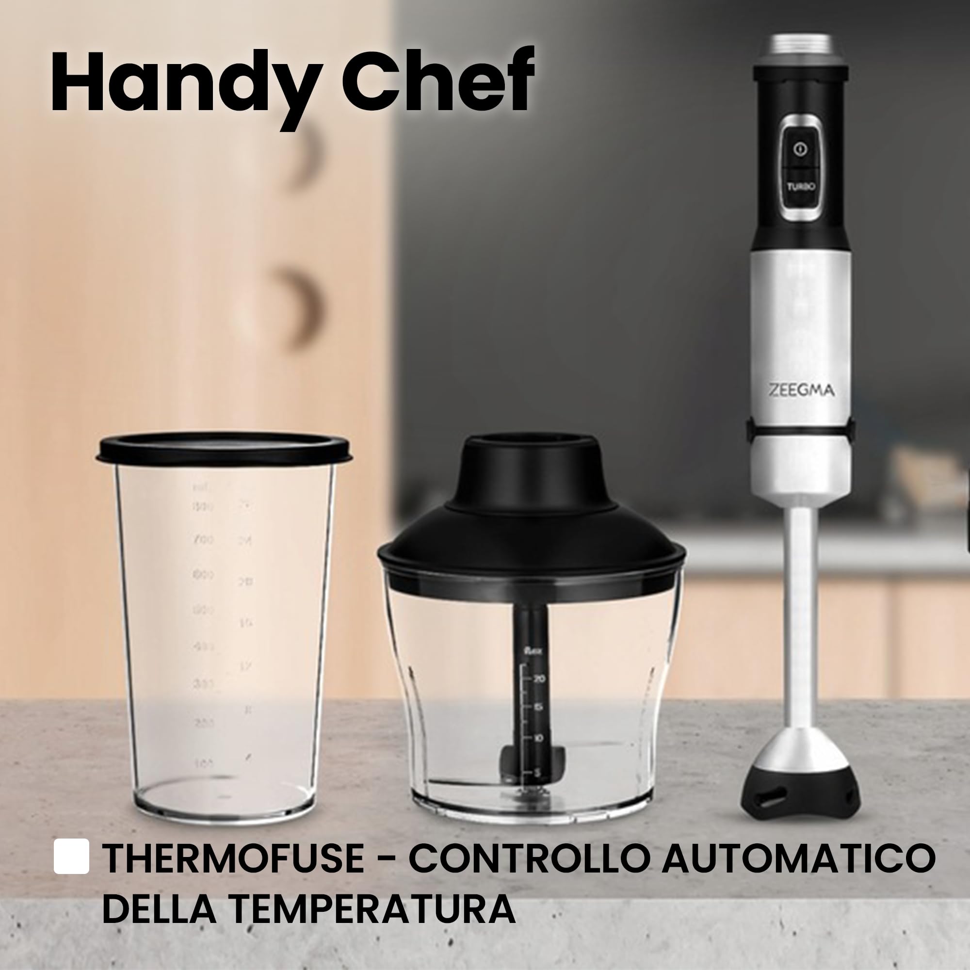 ZEEGMA Frullatore a Immersione 5 in 1 Multifunzionale Potenza di Picco | W, Set di Accessori per Frullare, Mescolare e Sbattere Gancio per Miscelare Mixer 0.6 L, Contenitore 0.8 L