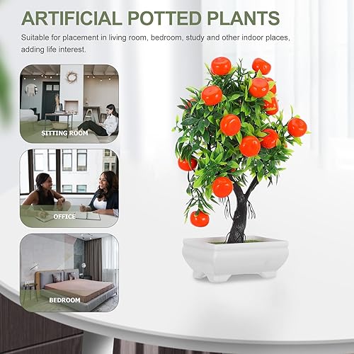 Miniatura 6 de Decoraciones de bosque encantado, árbol de naranja artificial, planta de plástico en maceta de simulación, árbol de cítricos bonsái con florero,