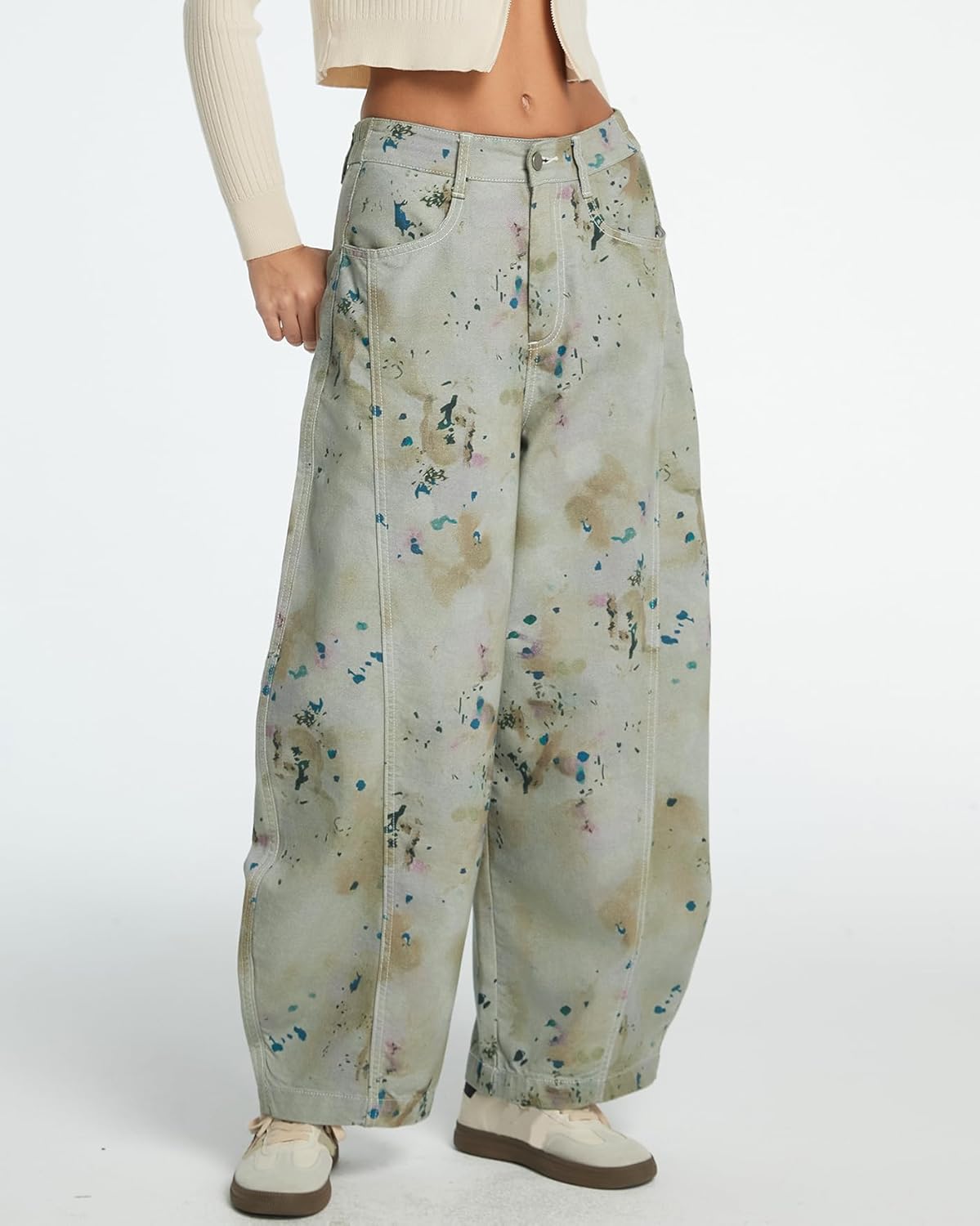 Women's Printed Baggy Barrel Jeans High Waisted Wide Leg Denim Pants - Image 2