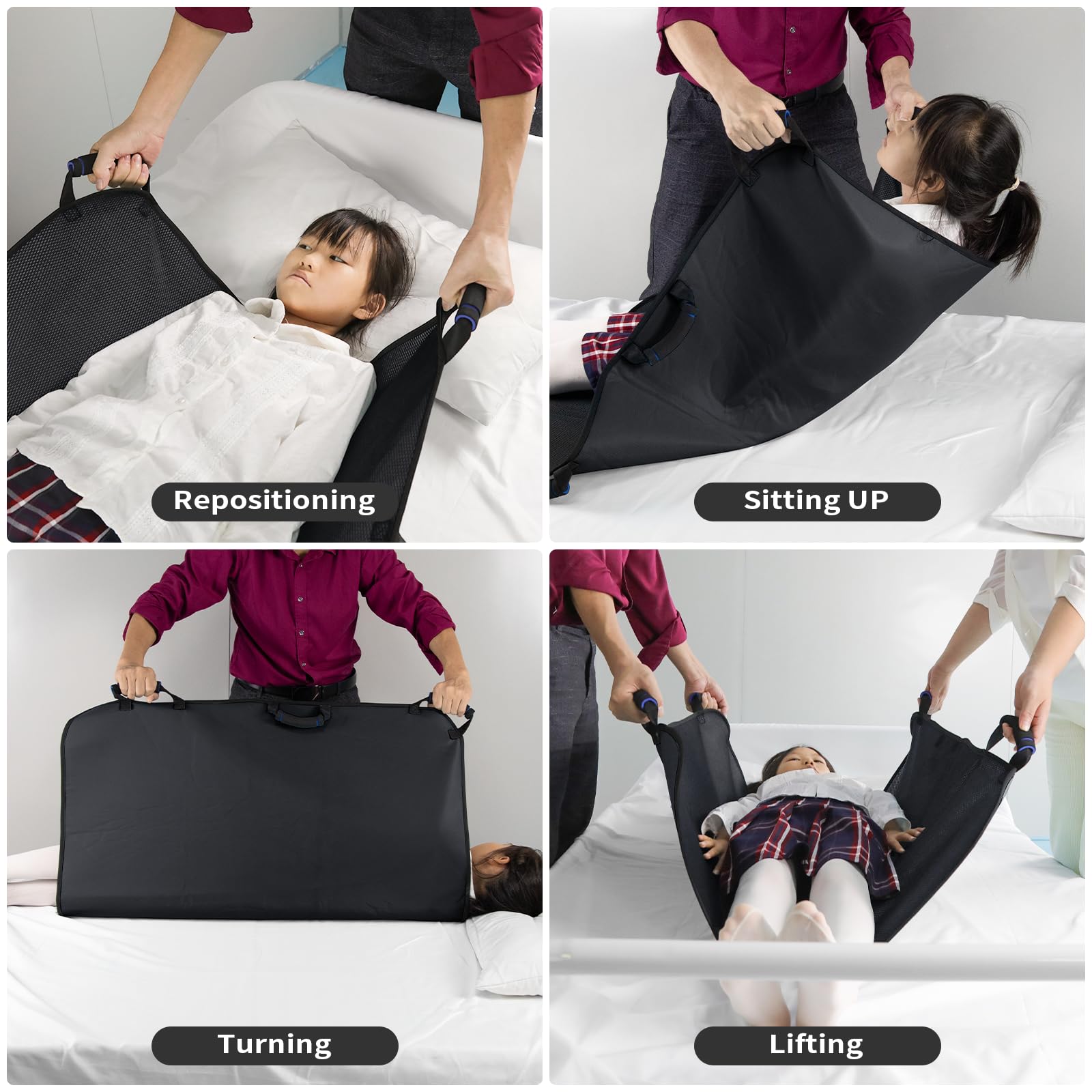 Almohadillas de cama de posicionamiento con asas, sábana de transferencia lavable de 34 x 36 pulgadas para ancianos, 6 asas, tabla de transferencia esencial para cuidadores, ayuda de movilidad