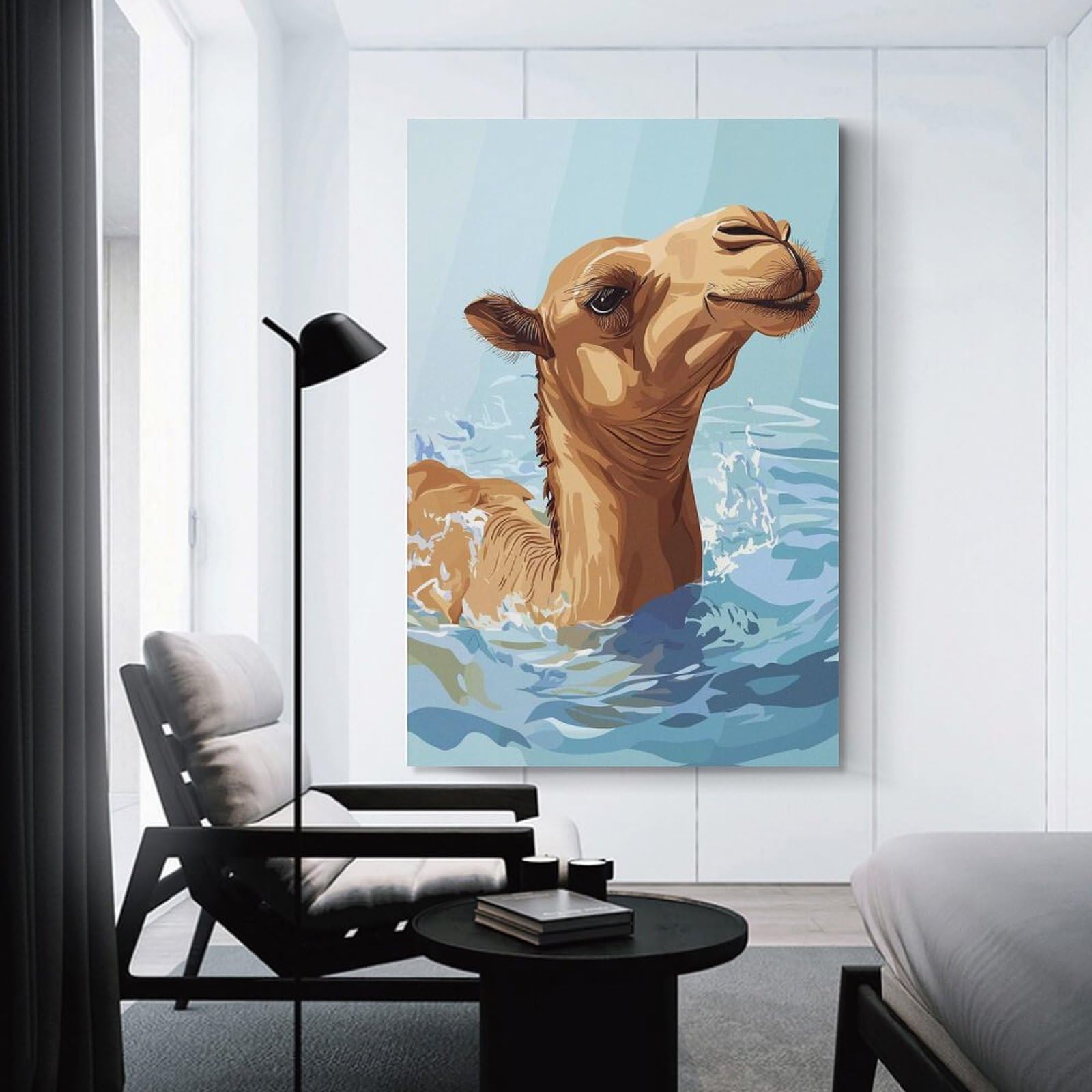 Junmoney Camel Swimming in Water Illustration Room Decor Wall Art, 20x30inch(50x75cm), for Hallway, Lounge Or Guest Room, Gift Idea for Housewarming And Birthdays