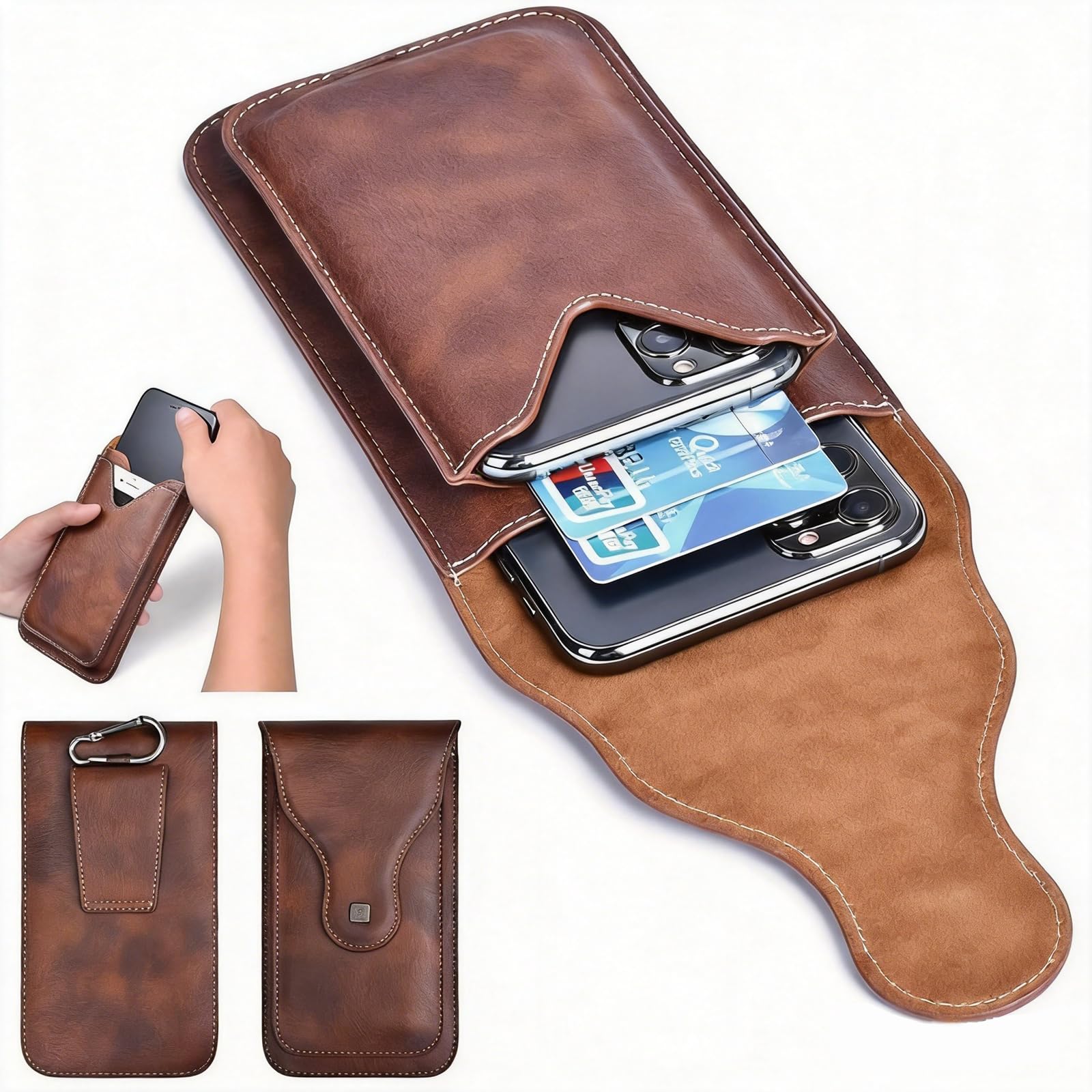 Vertical Leather Cell Phone Holster Waist Belt Pouch with Belt Loop Cover to Carry 2 Smartphones Upto 6.7 Inch for Xiaomi 12 Pro 5G Brown-image-9