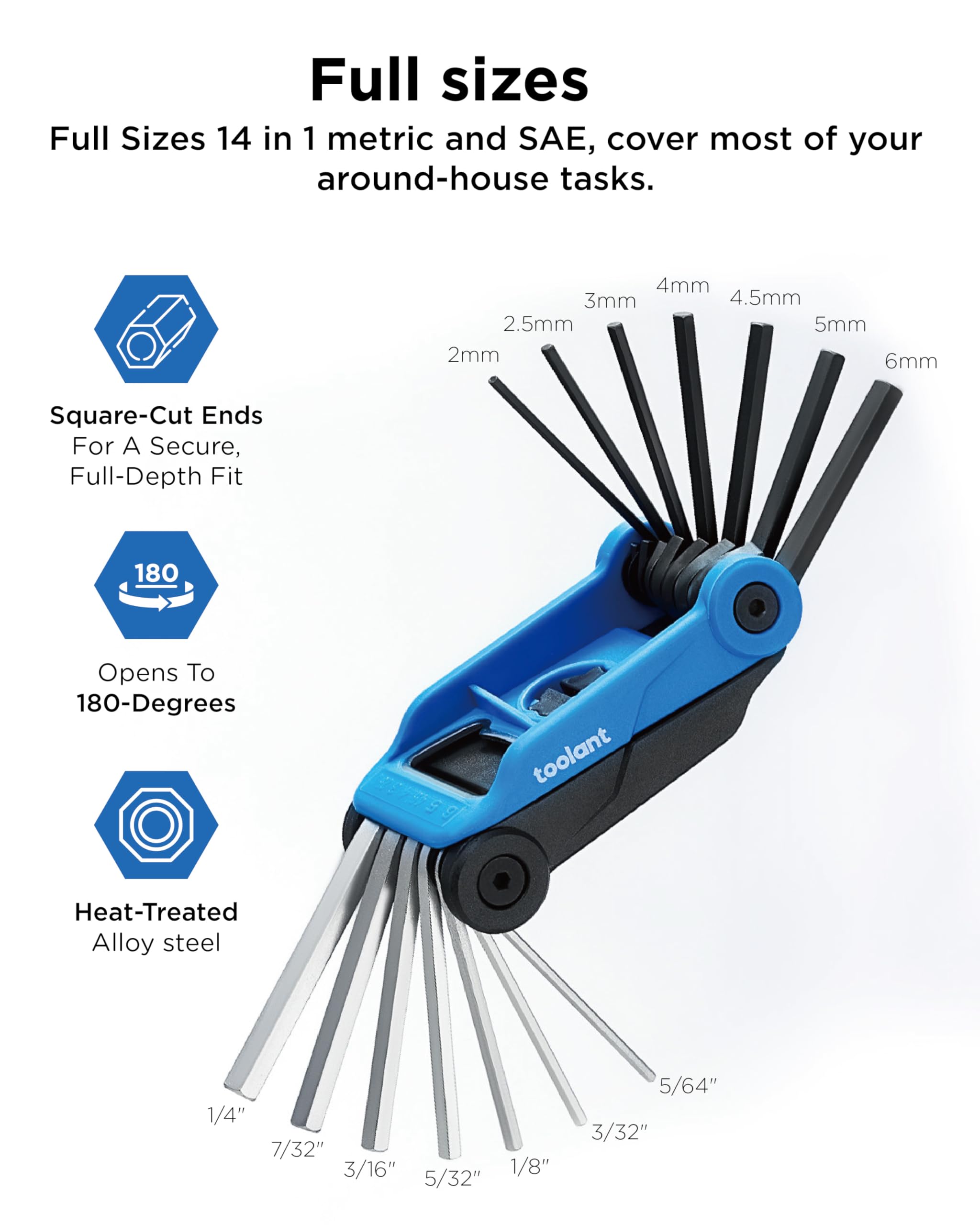 Kraftek toolant - Juego de 14 llaves Allen plegables, juego de llaves Allen métricas de 2 mm a 6 mm, juego de llaves hexagonales SAE de 0.08 a 0.25 pulgadas, herramienta EDC de acero CRV para