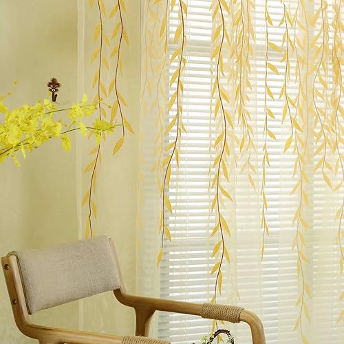 Miniatura 4 de 2 piezas de cortina de ventana de hojas de sauce de gasa de tul para habitación de hojas de salix transparente, cortina de panel de gasa cortina de