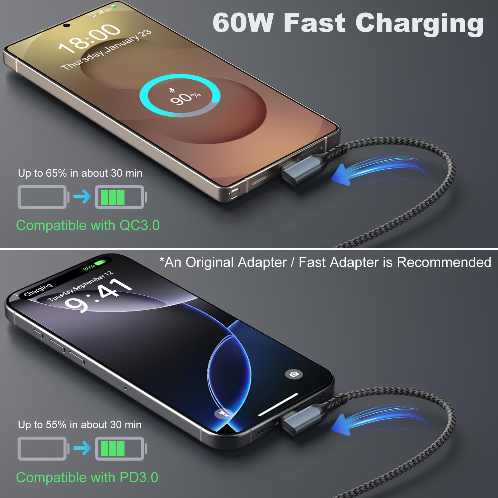 Kabel USB typu C 90 stopni, kąt prosty, długi nylonowy oplot, szybki kabel USB-A na USB-C, kompatybilny z Samsung Galaxy S20, S10, S9, S8, Note 8, LG G8, tabletami, czarny × 2