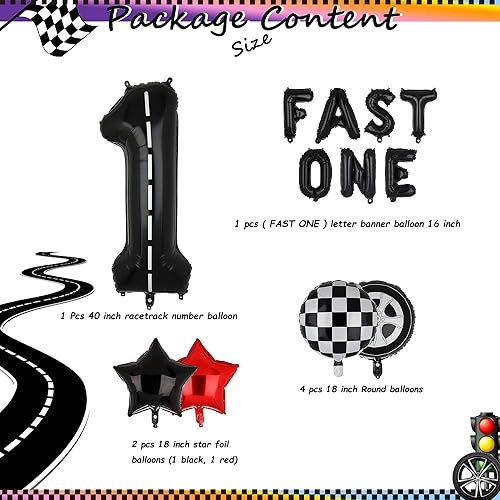 Miniatura 2 de Fast One 1st Racing Vintage Retro Car Theme Birthday Party Letter Banner Globo 40 Pulgadas Racetrack Número Globos 1 Negro Carreras Coche Fiesta