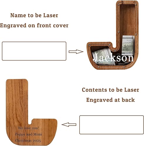 Miniatura 9 de Alcancía de madera extra grande de 12 pulgadas para niños, alcancía para niños y niñas, banco D con inicial, banco de dinero del alfabeto para