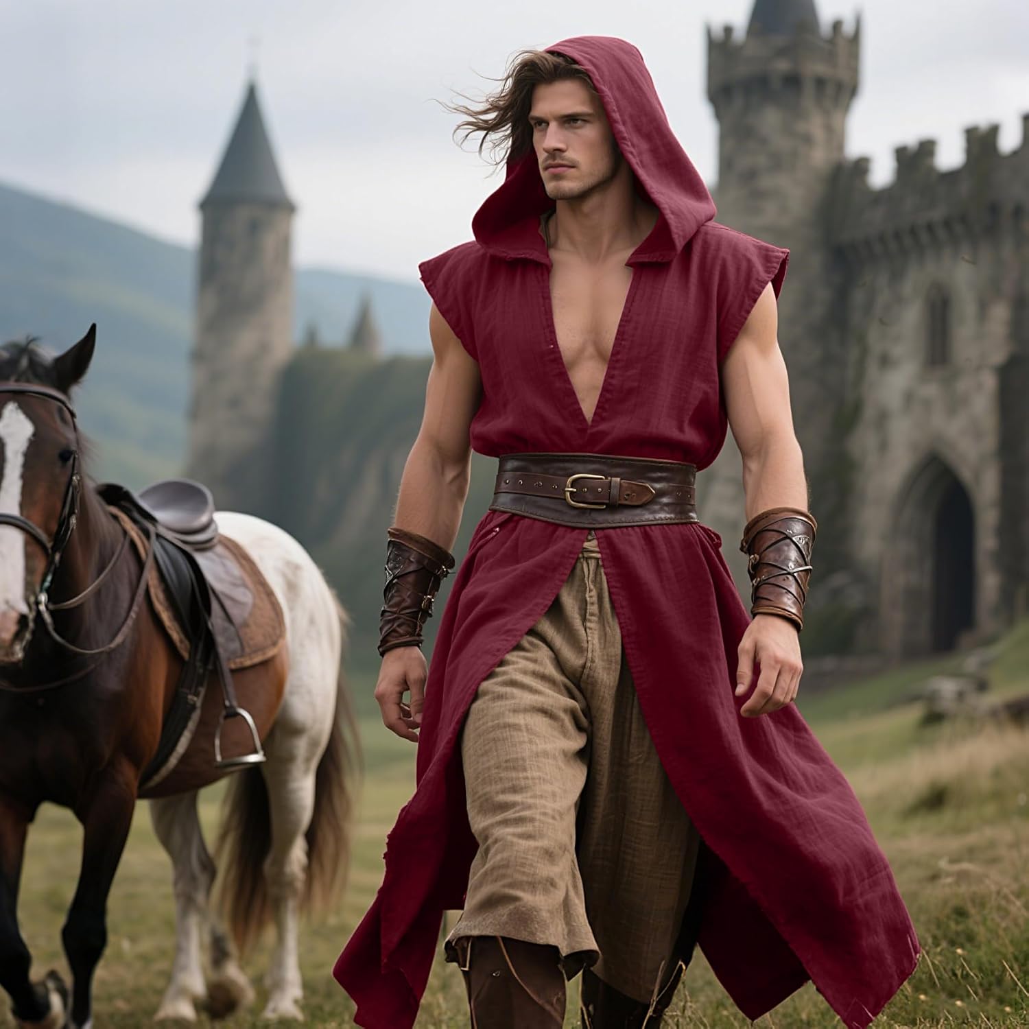 L'VOW Men's Medieval Hooded Surcoat Renaissance Tabard Sleeveless Tunic Cloak Viking Costume Holloween Assassin Cosplay - Image 8